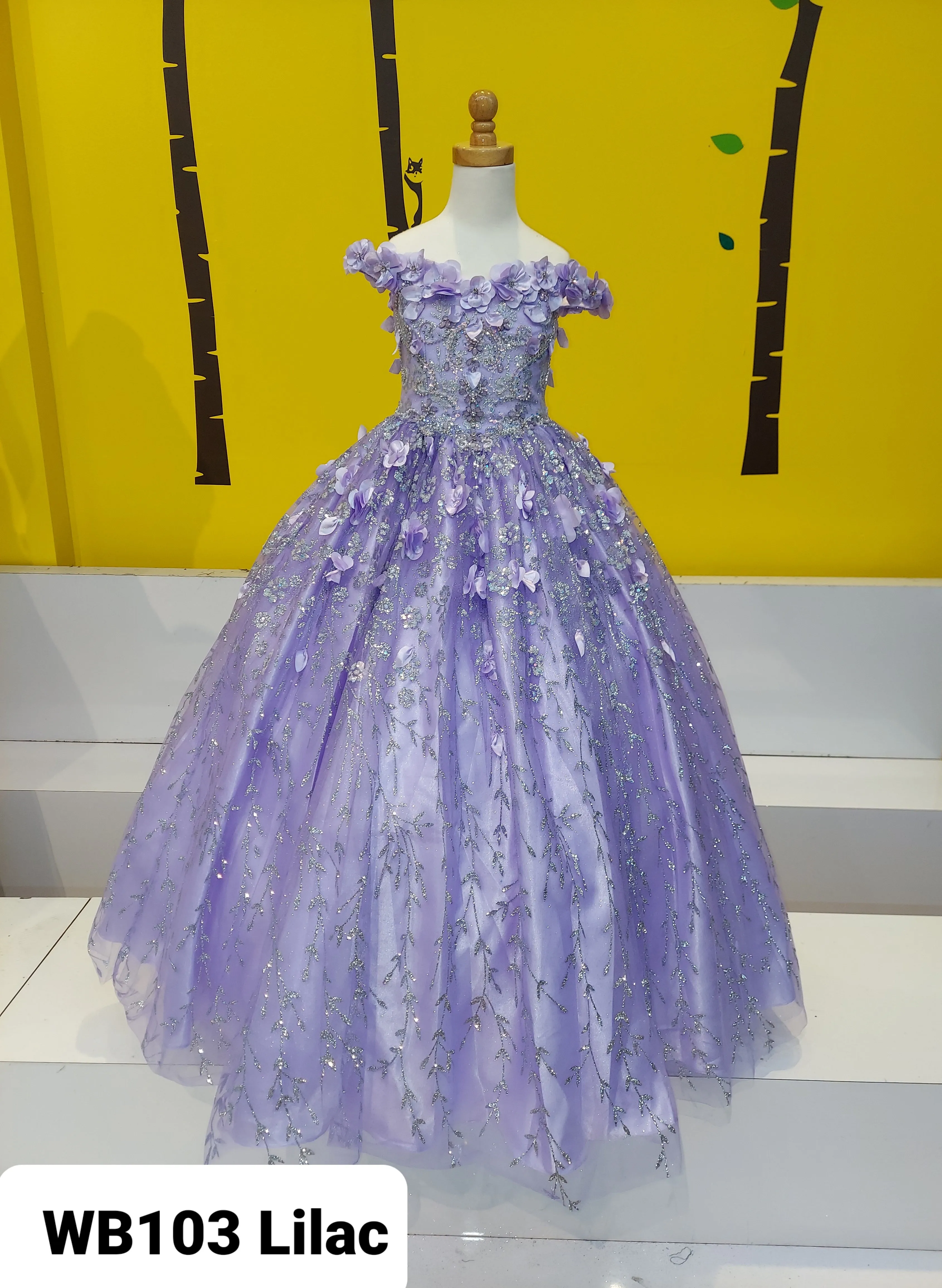Big Girls Lilac Rhinestone Flower Applique Off Shoulder Ball Gown 8-16