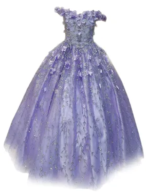 Big Girls Lilac Rhinestone Flower Applique Off Shoulder Ball Gown 8-16