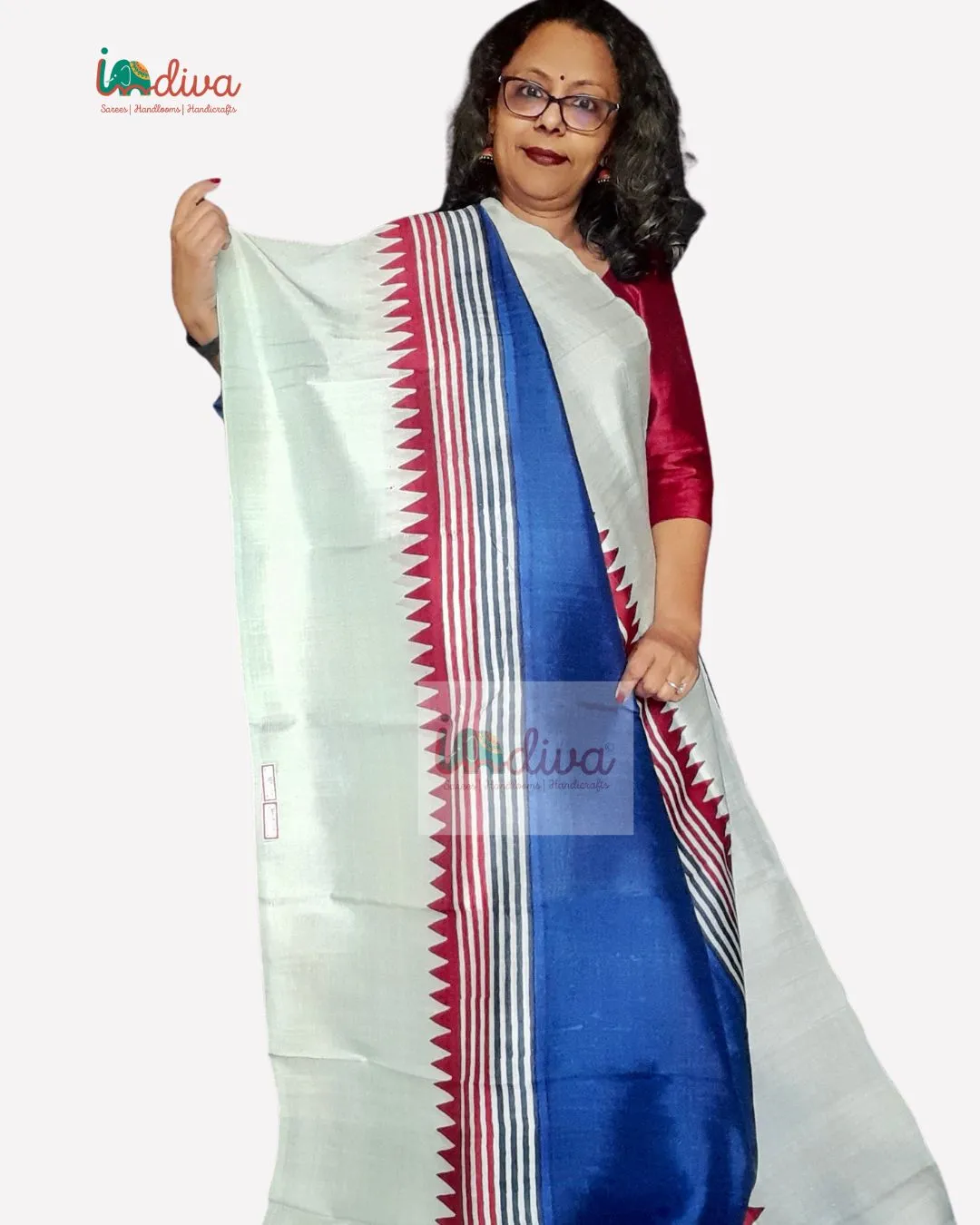 Blue Block Printed Murshidabad Silk Saree