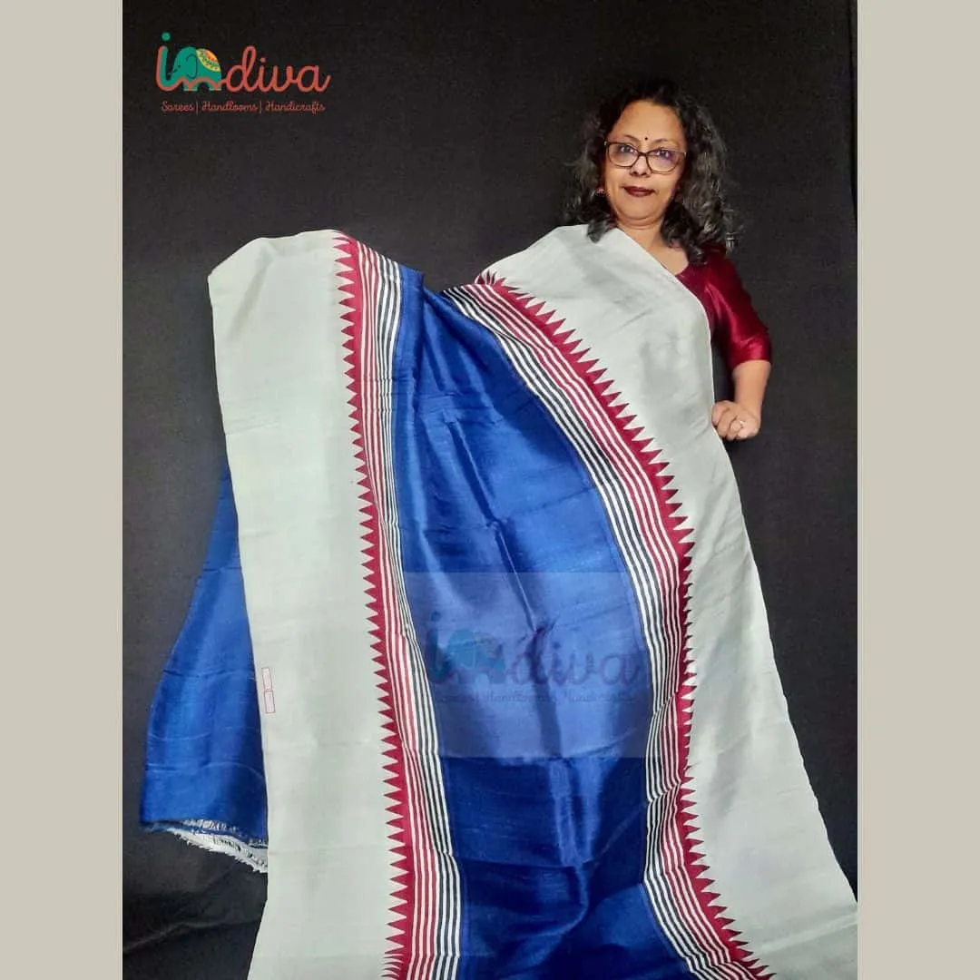 Blue Block Printed Murshidabad Silk Saree