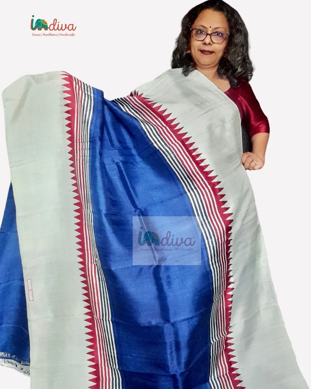 Blue Block Printed Murshidabad Silk Saree