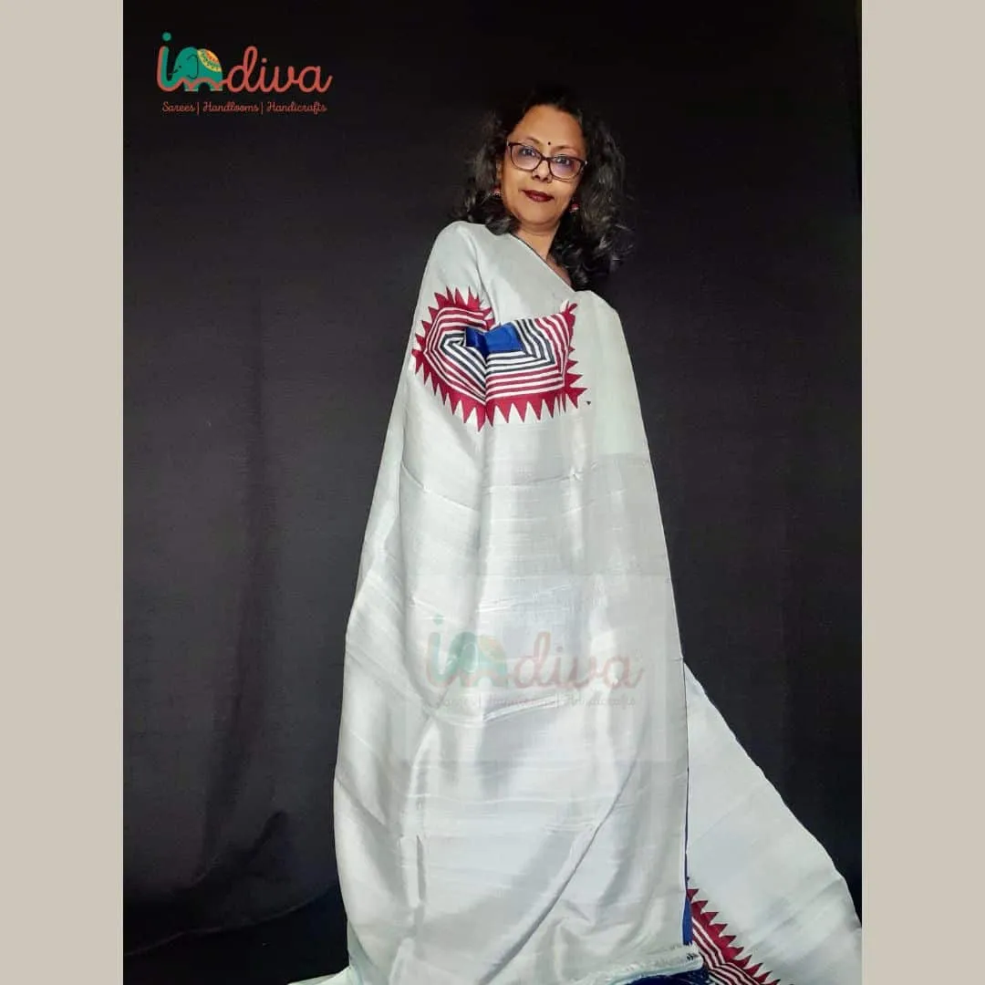 Blue Block Printed Murshidabad Silk Saree