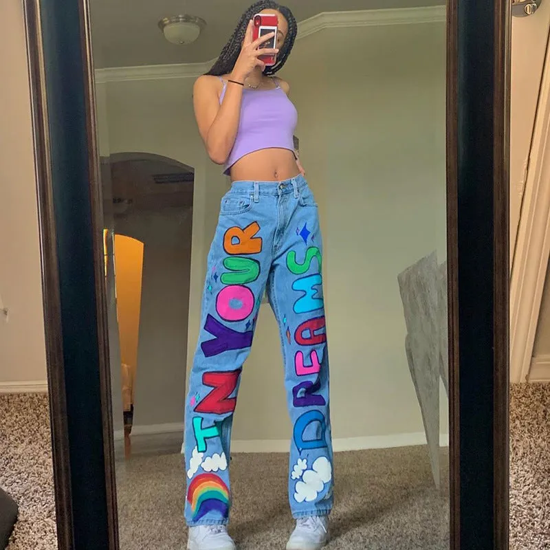 Contrast Color Letters Graffiti Printed Loose Jeans - GlamzLife