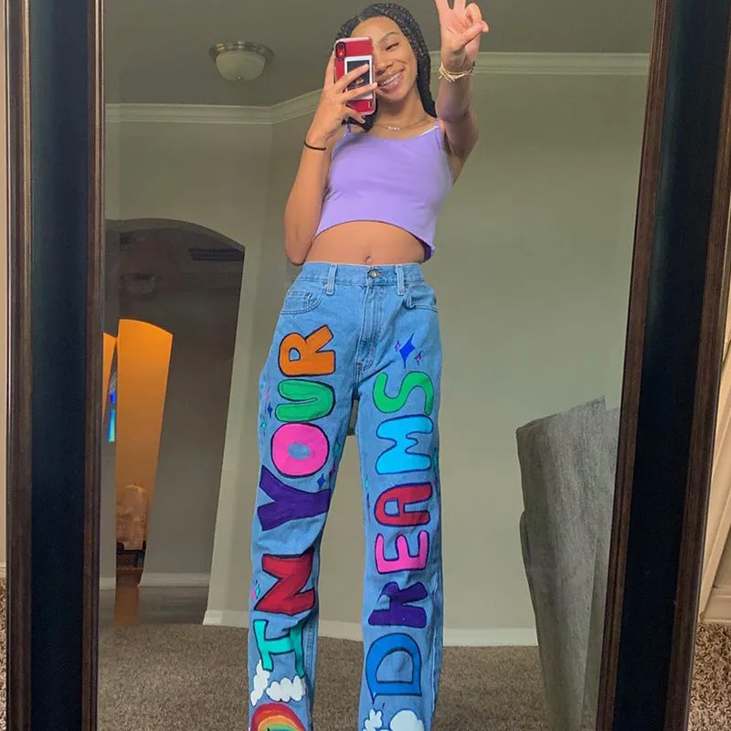 Contrast Color Letters Graffiti Printed Loose Jeans - GlamzLife