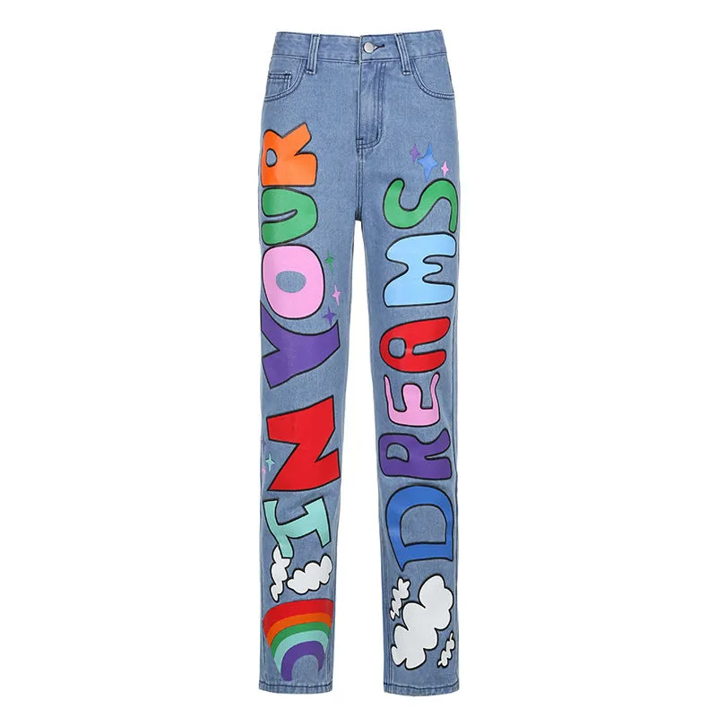 Contrast Color Letters Graffiti Printed Loose Jeans - GlamzLife