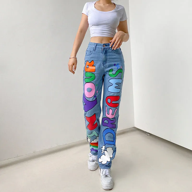 Contrast Color Letters Graffiti Printed Loose Jeans - GlamzLife
