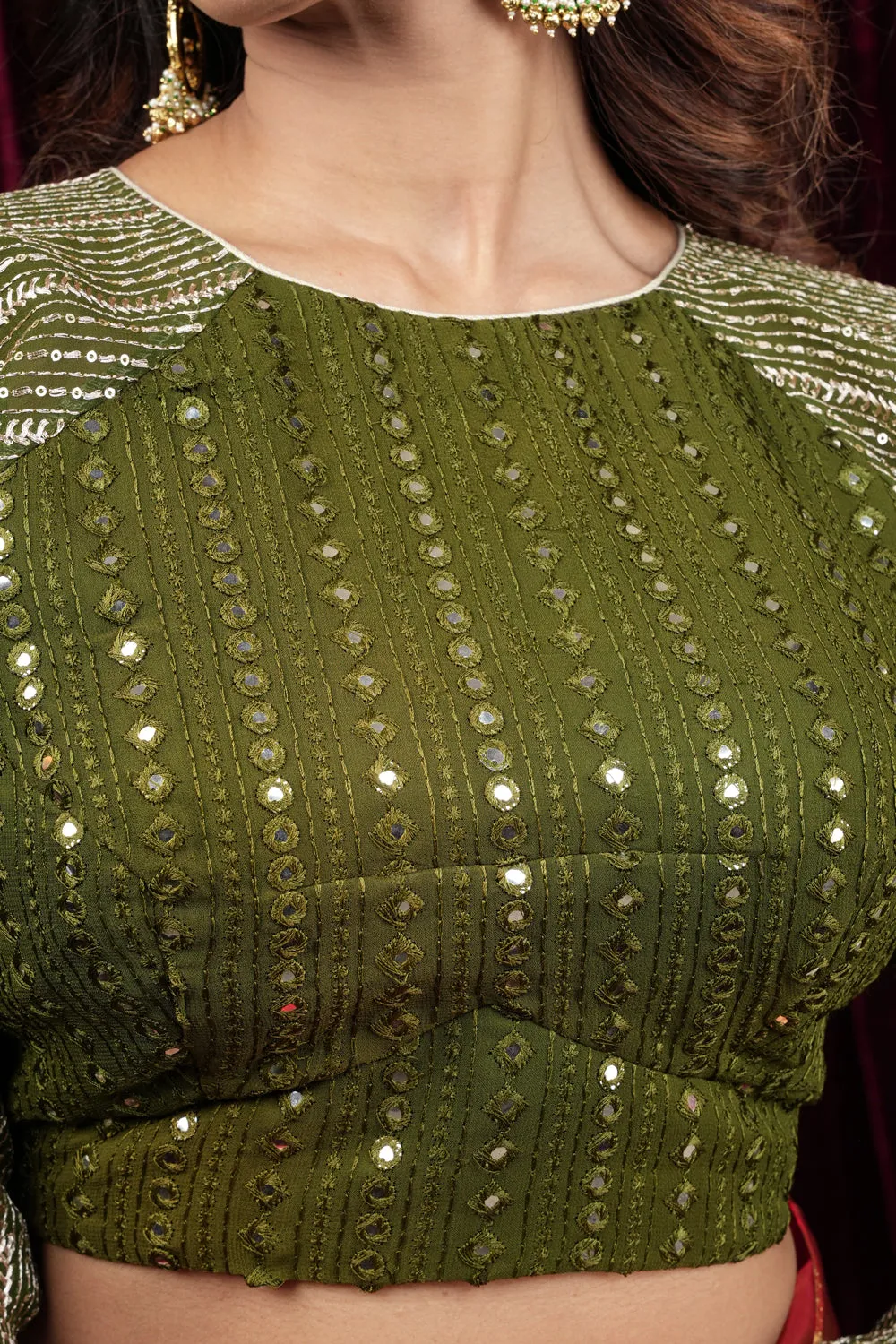Henna Green chinon raglan three quarter sleeve foil mirror work blouse, Made to Order
