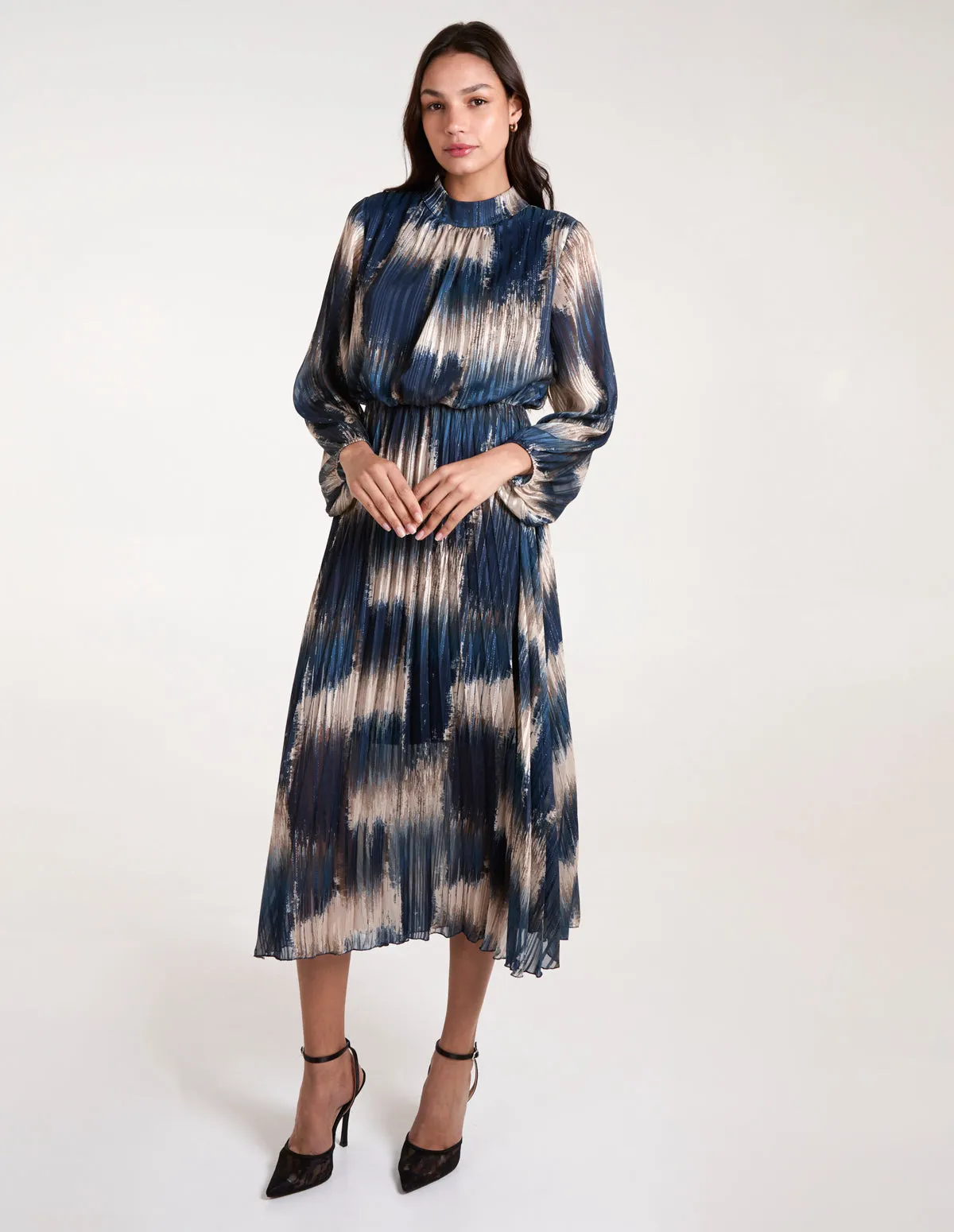 High Neck Metallic Pleated Dress