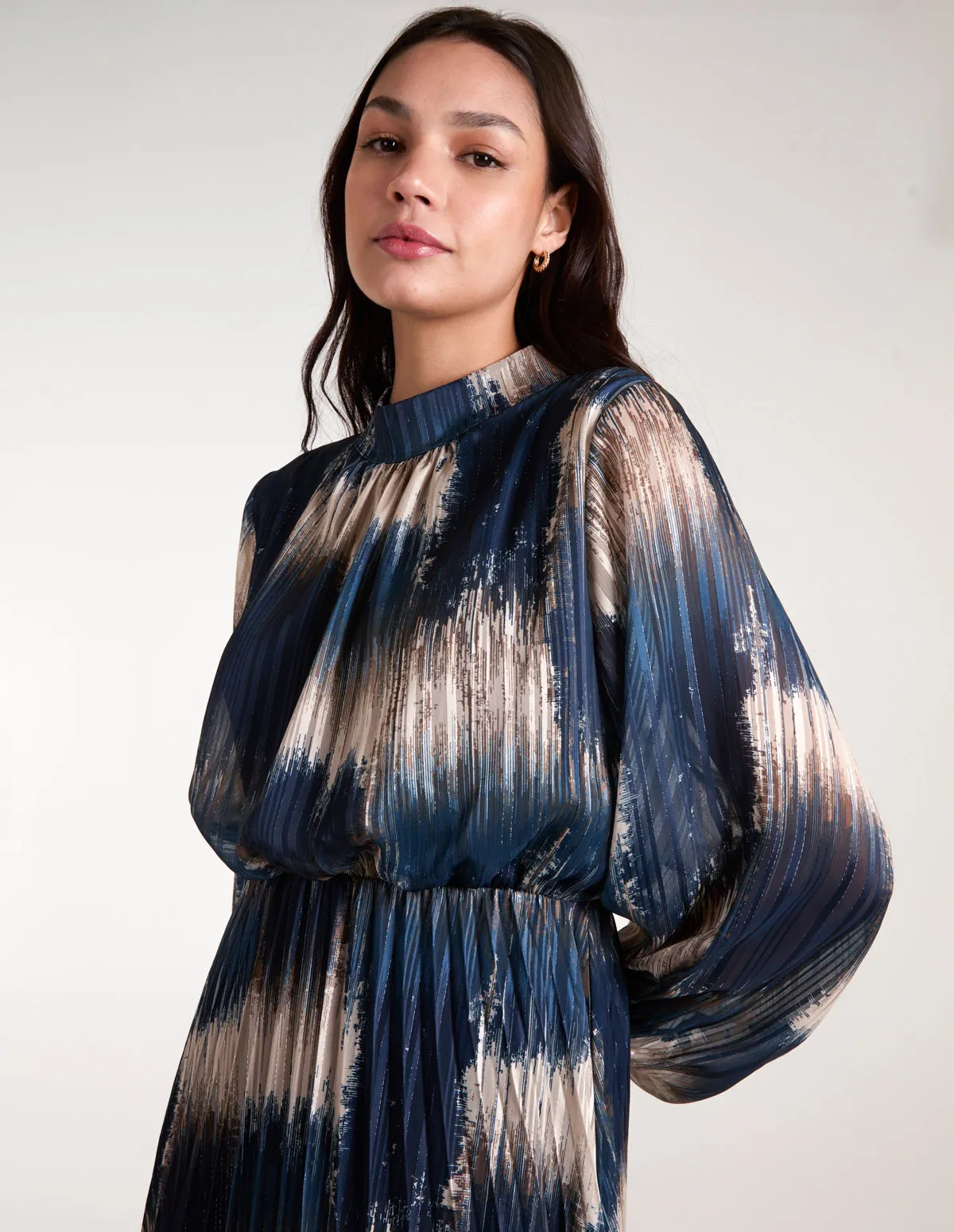 High Neck Metallic Pleated Dress