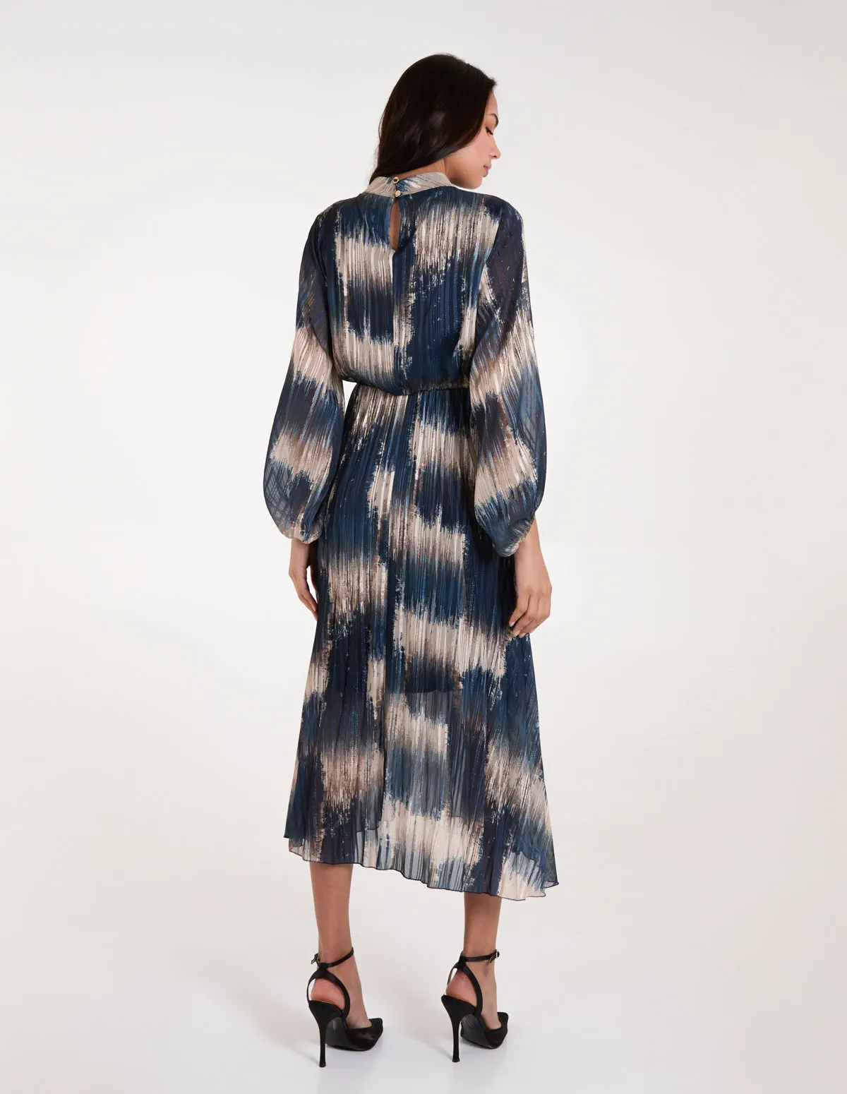 High Neck Metallic Pleated Dress