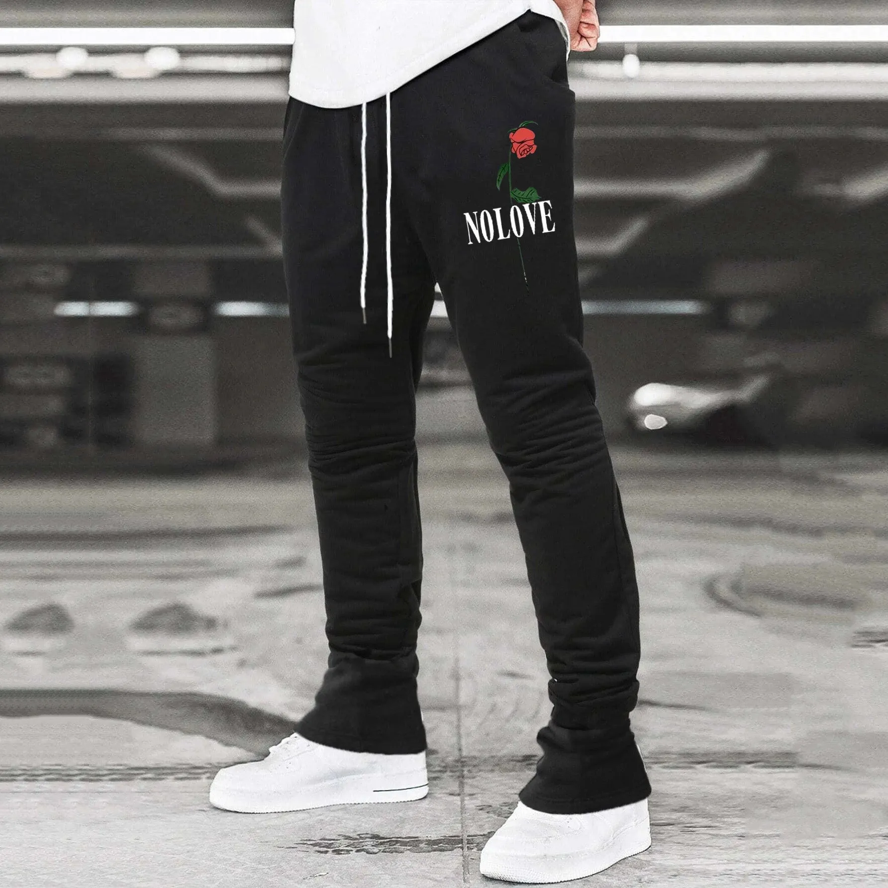 Letters Print Drawstring Flared Trousers