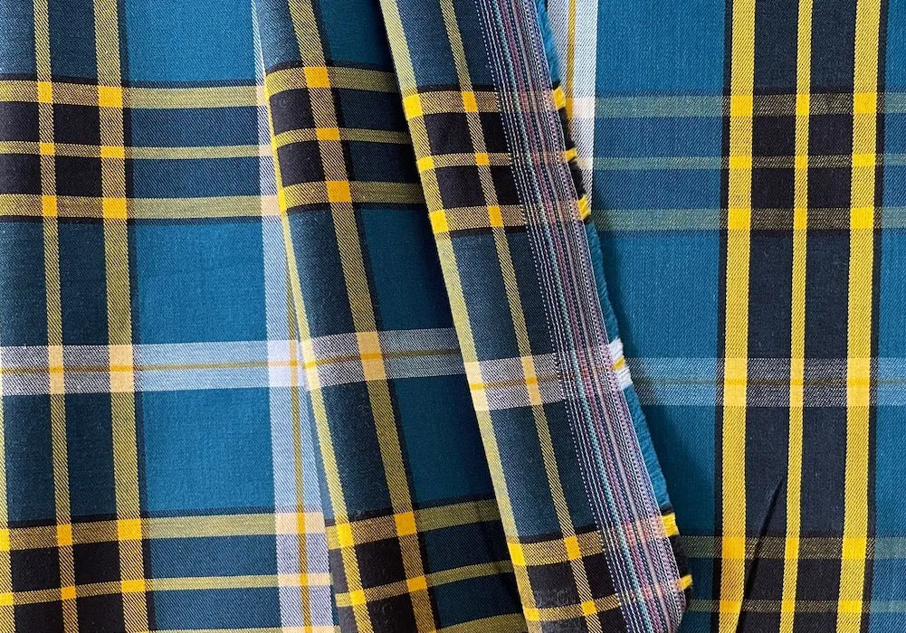 Light-Weight Dramatic Bosphorus, Taxi Yellow, Onyx & White Plaid Cotton (Made in Italy)