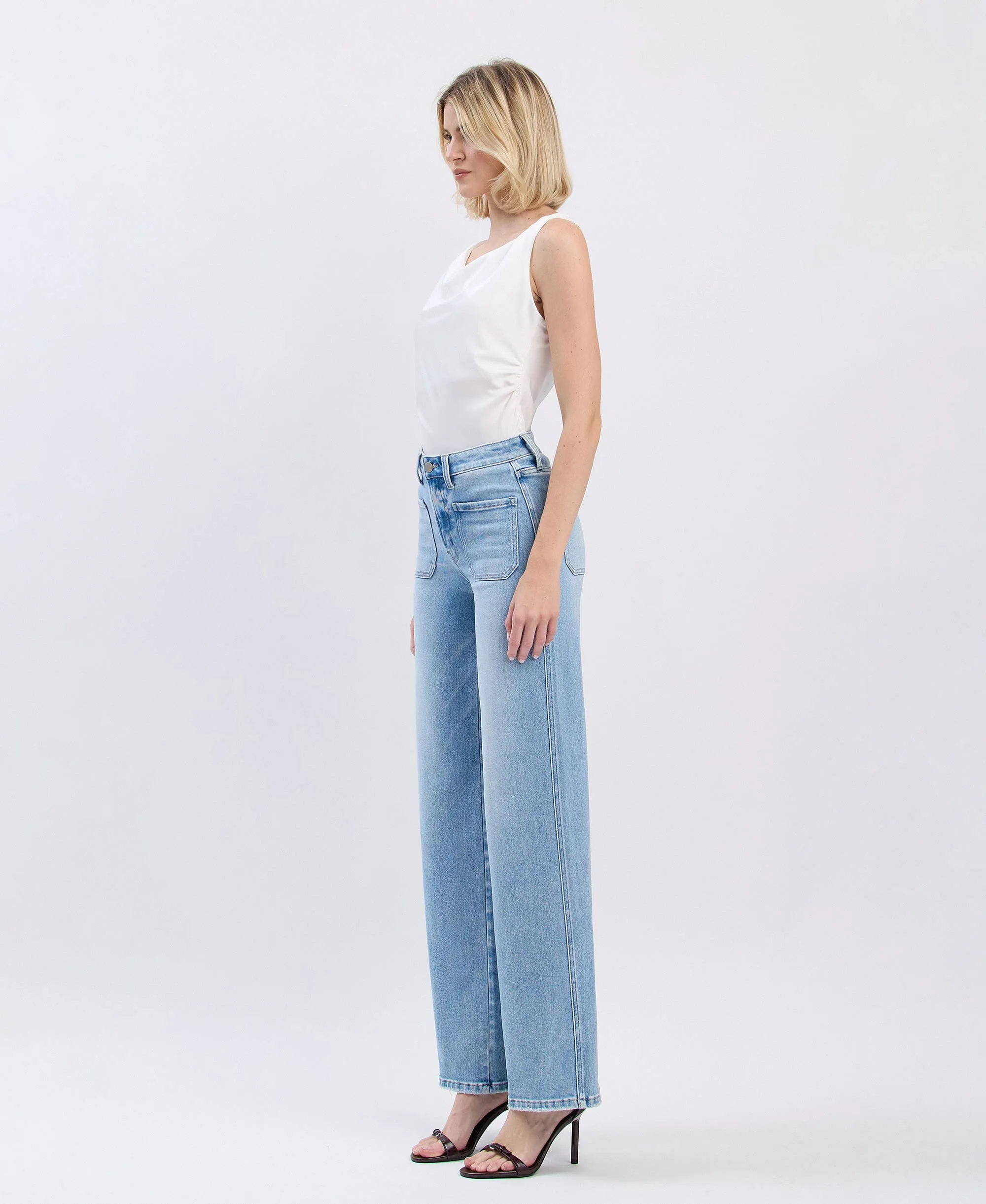 Monica High Rise Front Pocket Patch with Wide Leg Jeans by Flying Monkey