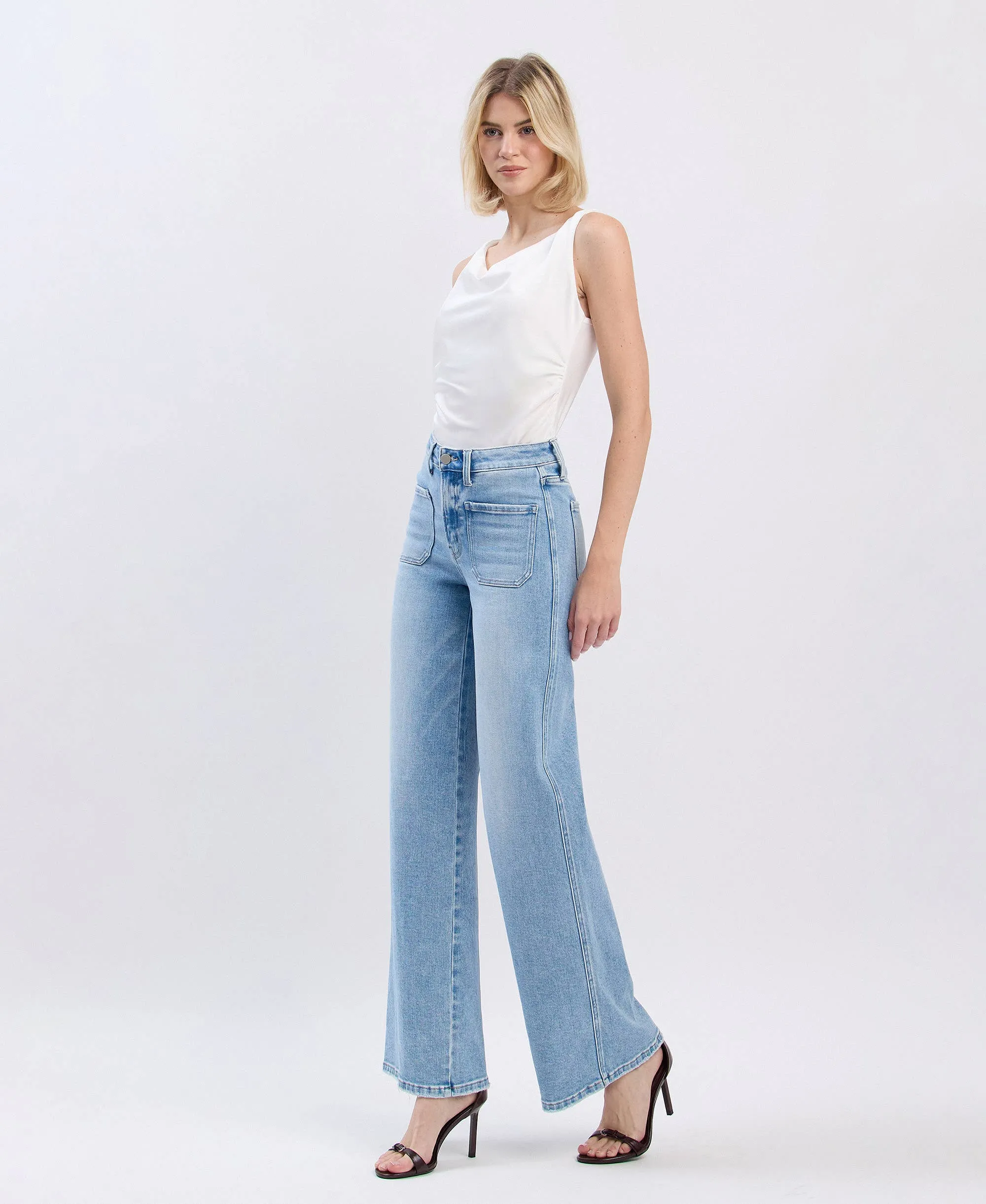 Monica High Rise Front Pocket Patch with Wide Leg Jeans by Flying Monkey