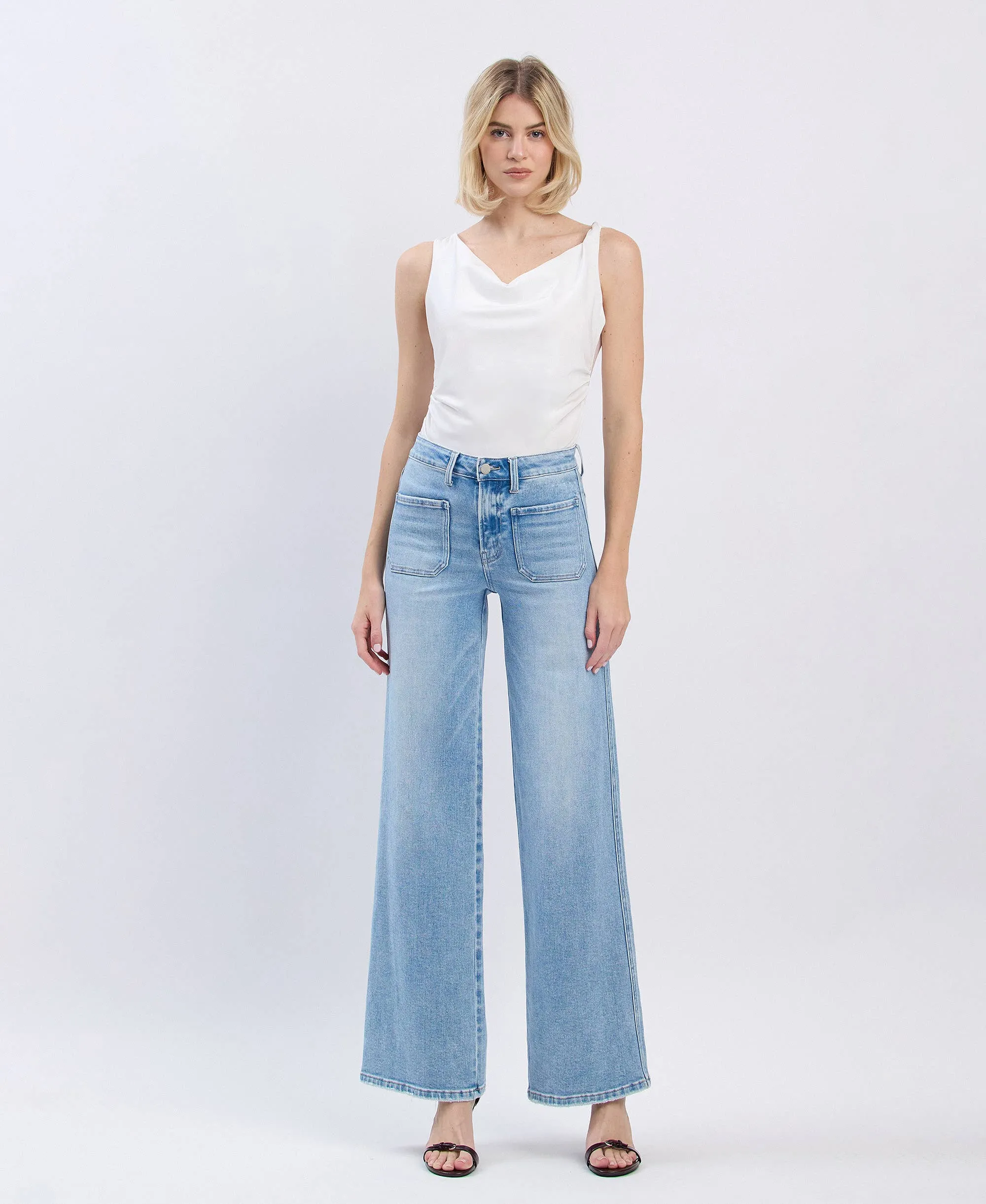 Monica High Rise Front Pocket Patch with Wide Leg Jeans by Flying Monkey