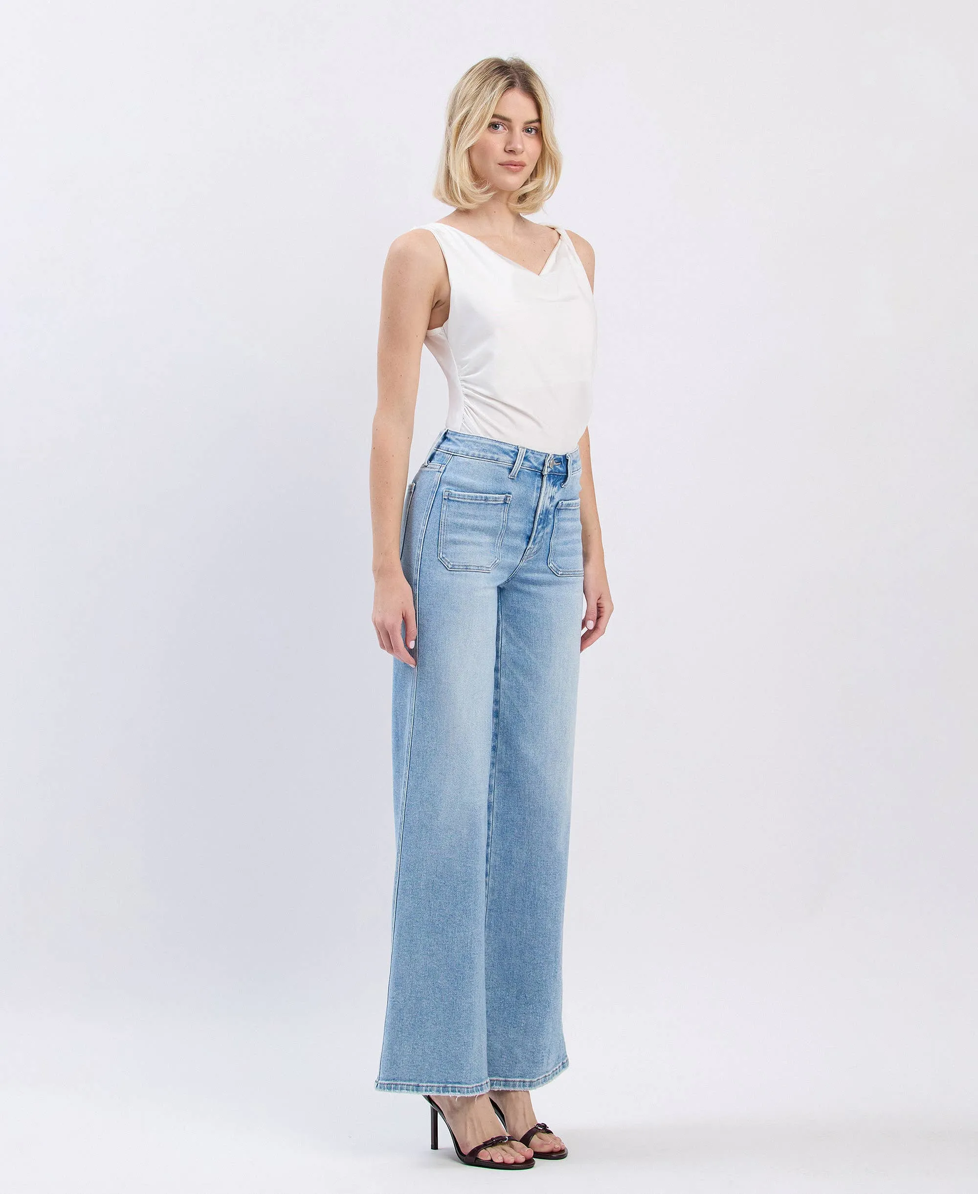 Monica High Rise Front Pocket Patch with Wide Leg Jeans by Flying Monkey