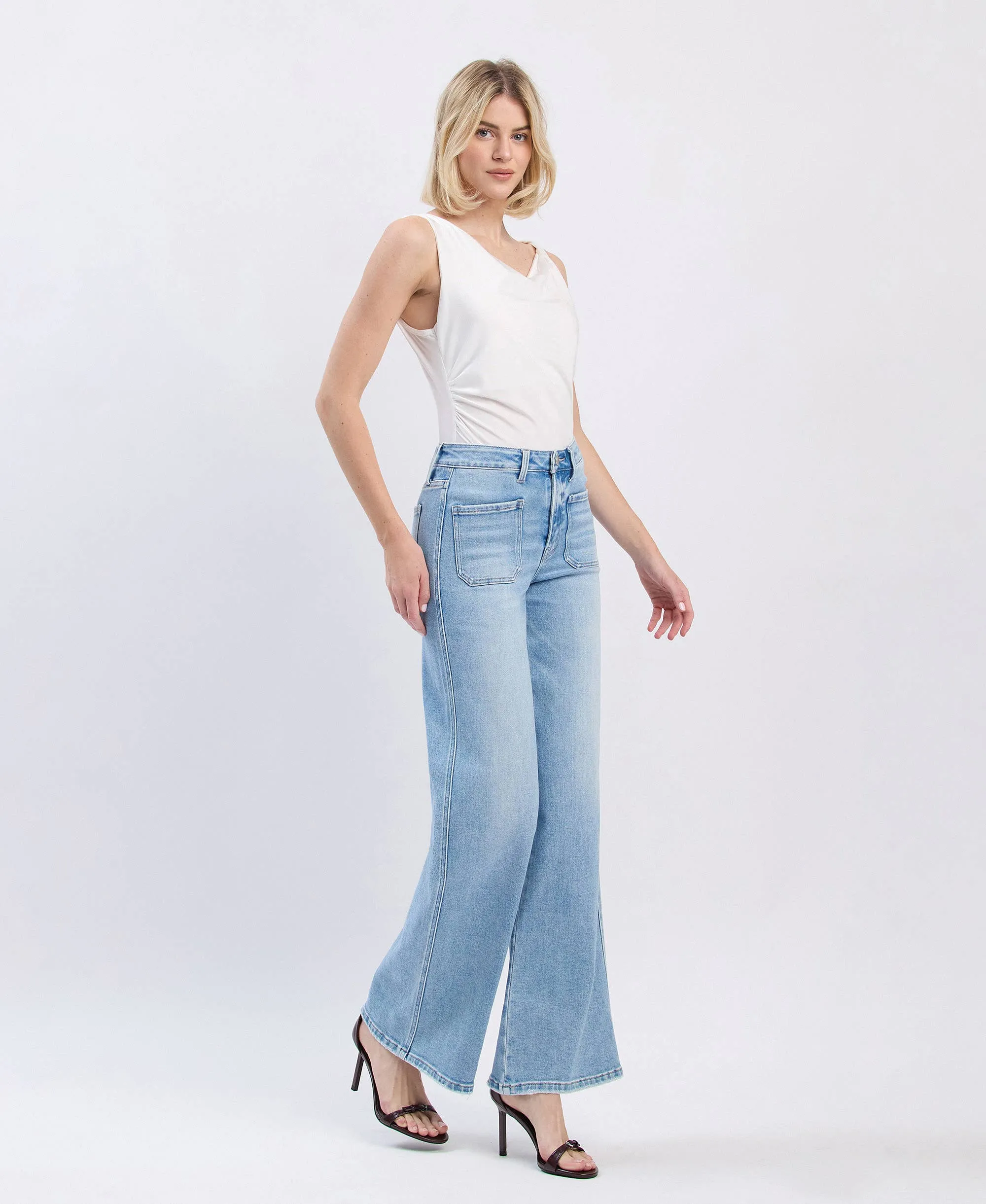 Monica High Rise Front Pocket Patch with Wide Leg Jeans by Flying Monkey