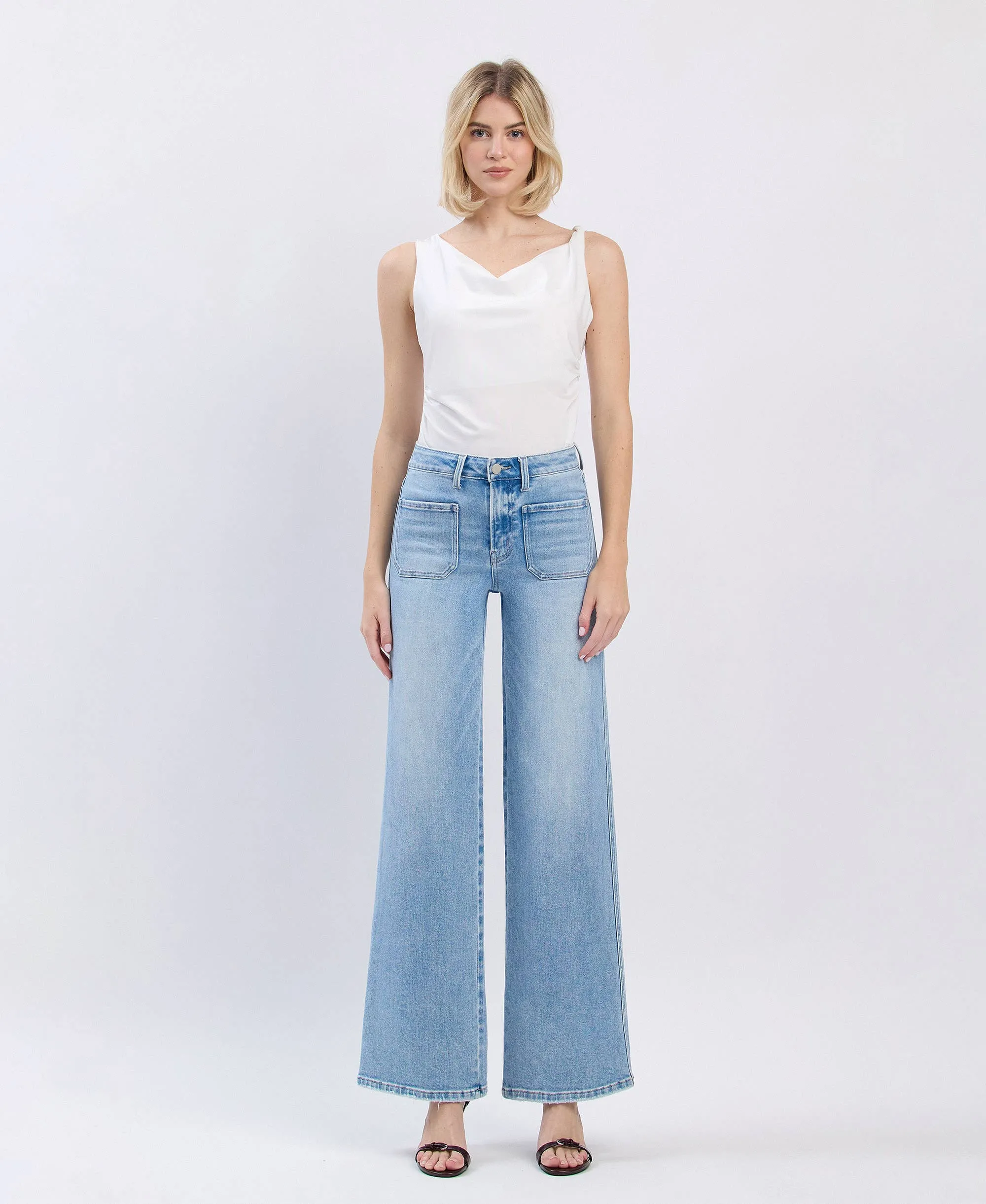 Monica High Rise Front Pocket Patch with Wide Leg Jeans by Flying Monkey