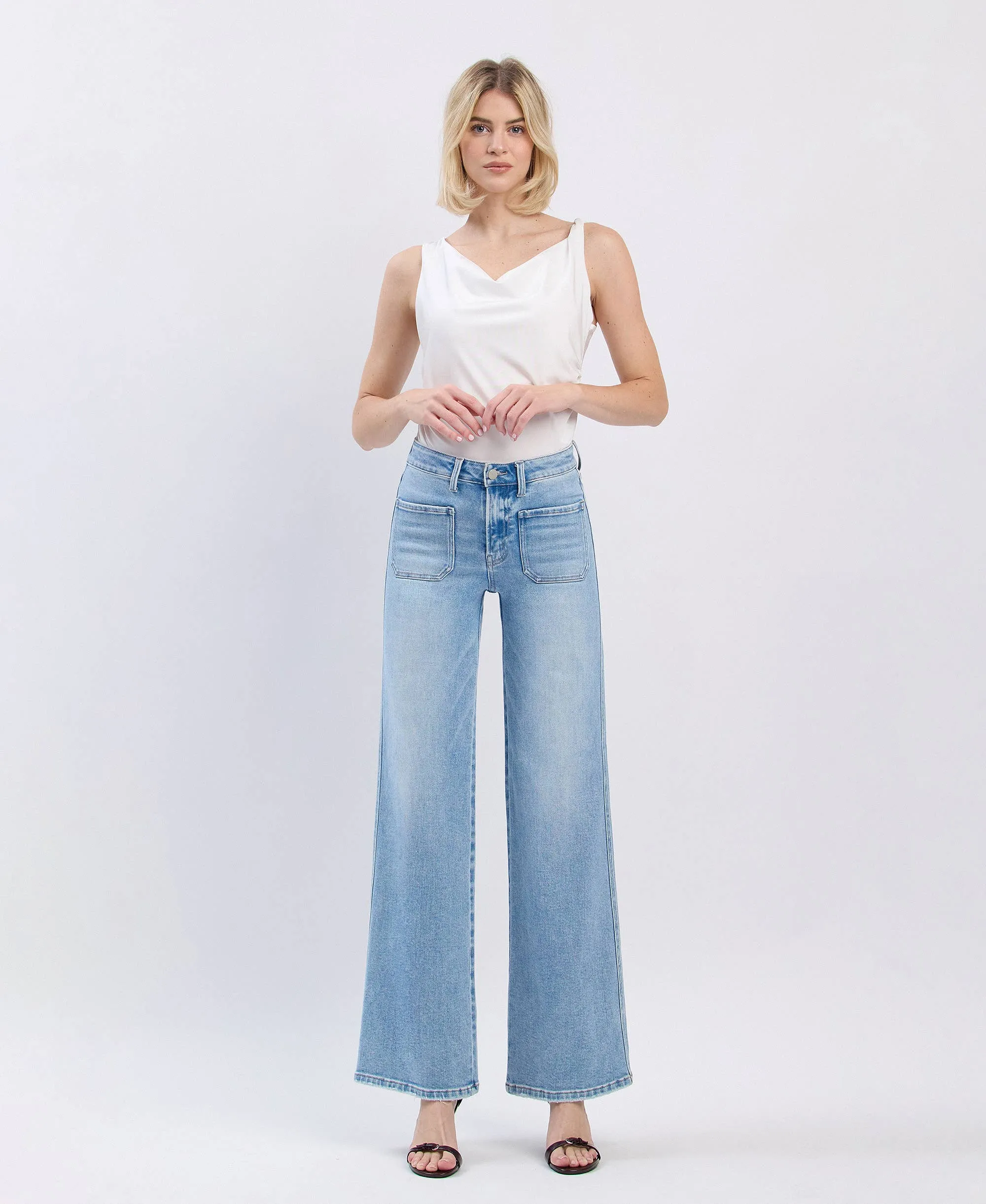 Monica High Rise Front Pocket Patch with Wide Leg Jeans by Flying Monkey