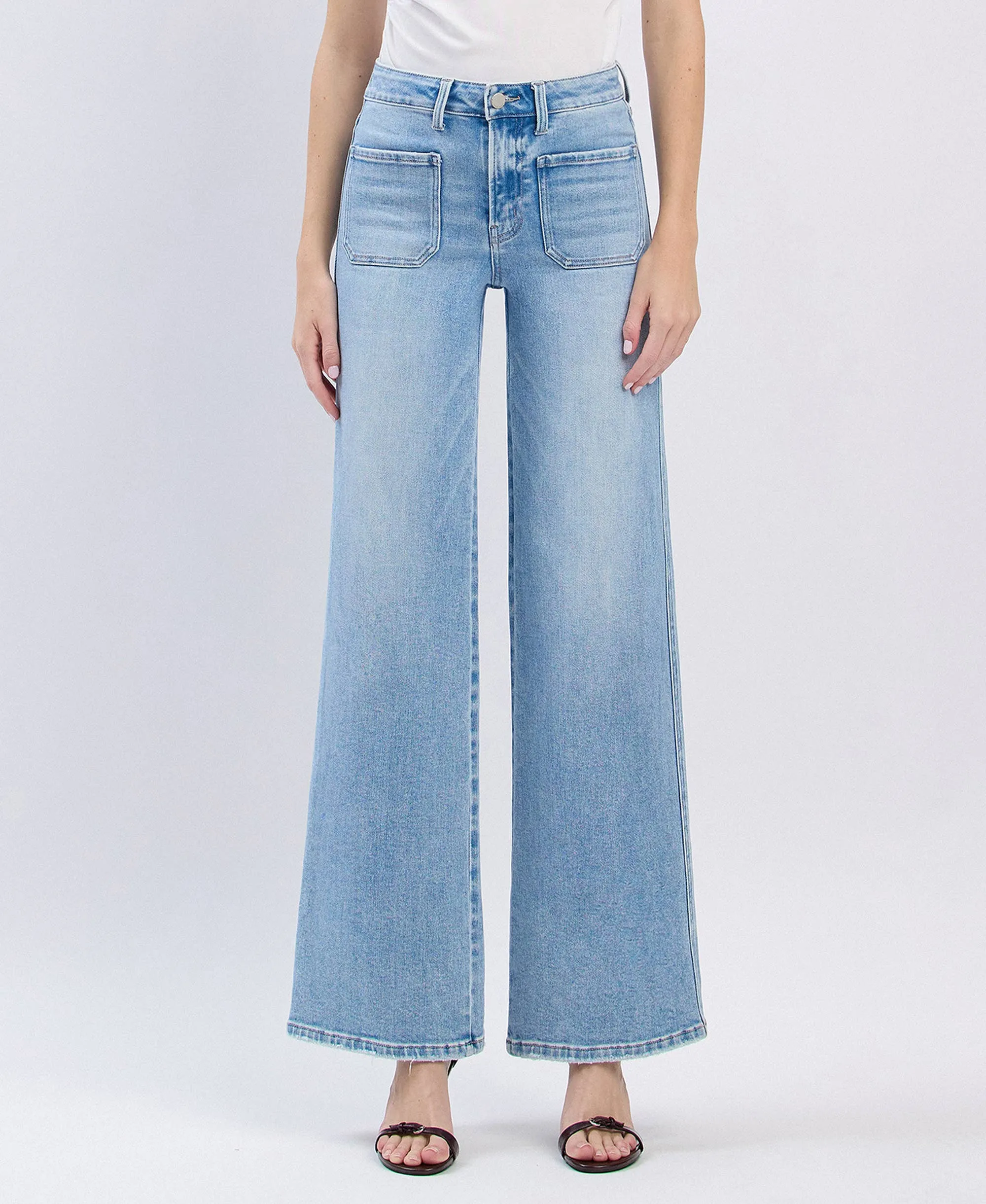 Monica High Rise Front Pocket Patch with Wide Leg Jeans by Flying Monkey