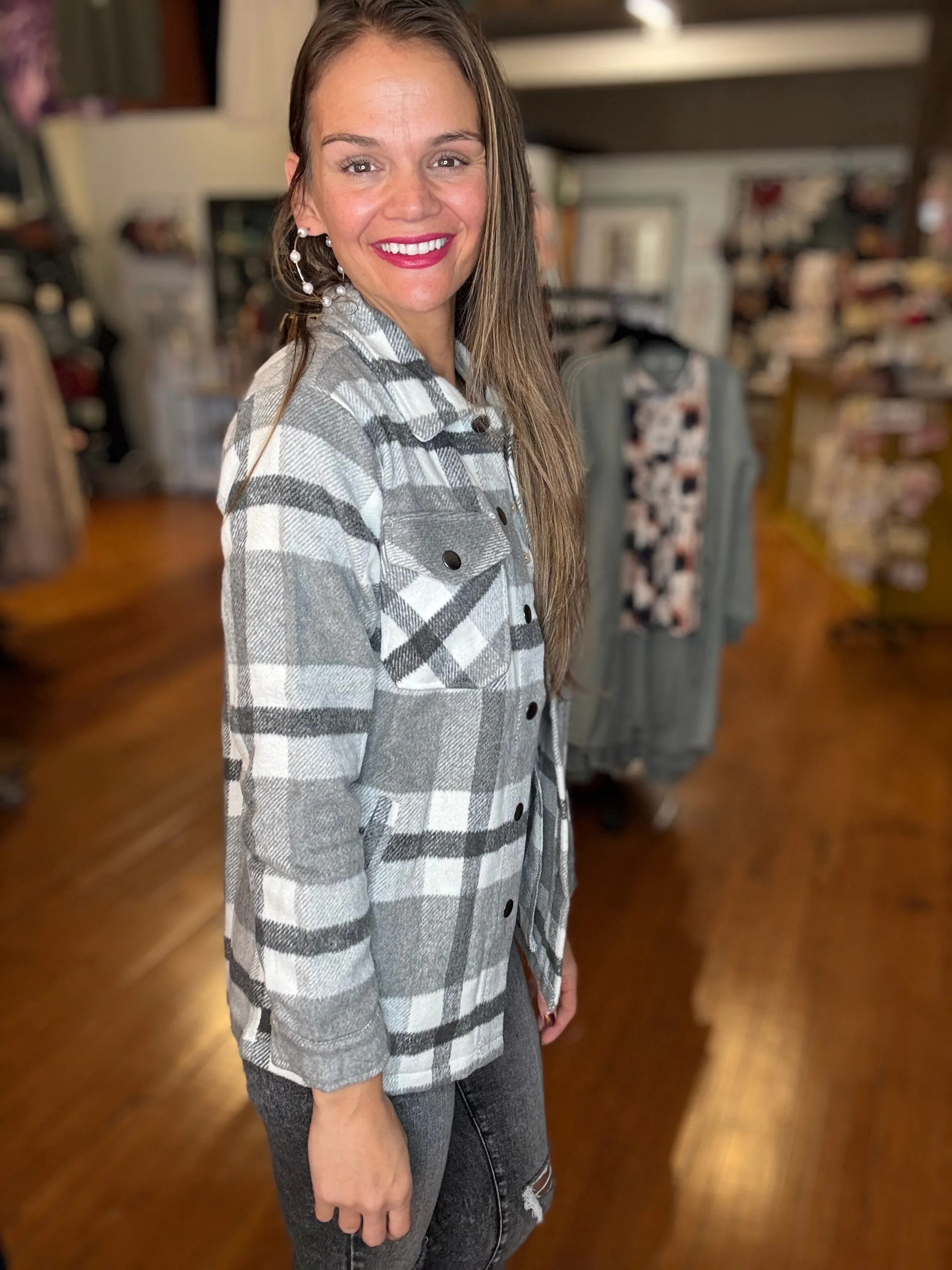 Norah Plaid Shacket - Classic Grey and White