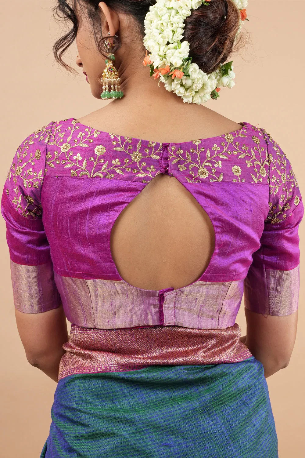 Pure Raw Silk Blouse in Purple with golden Jaal embroidered Yoke,Made to Order