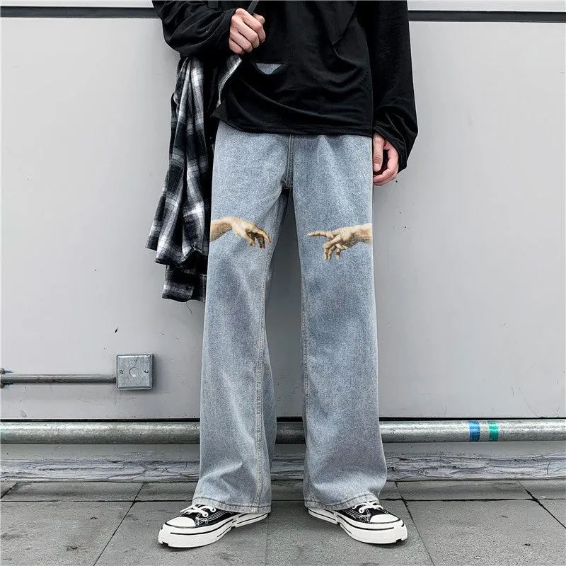 Retro street style print fashion trousers jeans