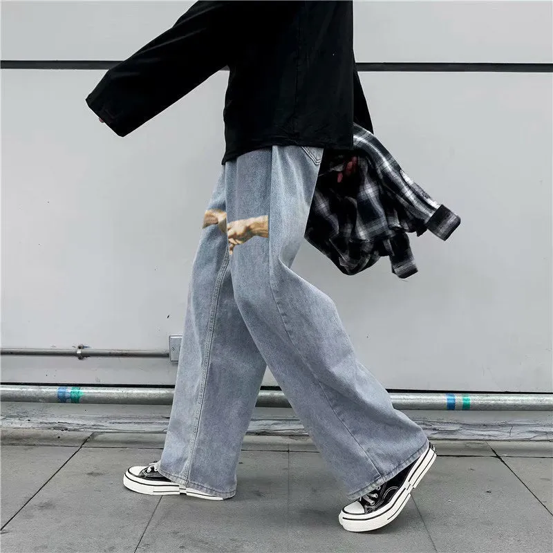 Retro street style print fashion trousers jeans