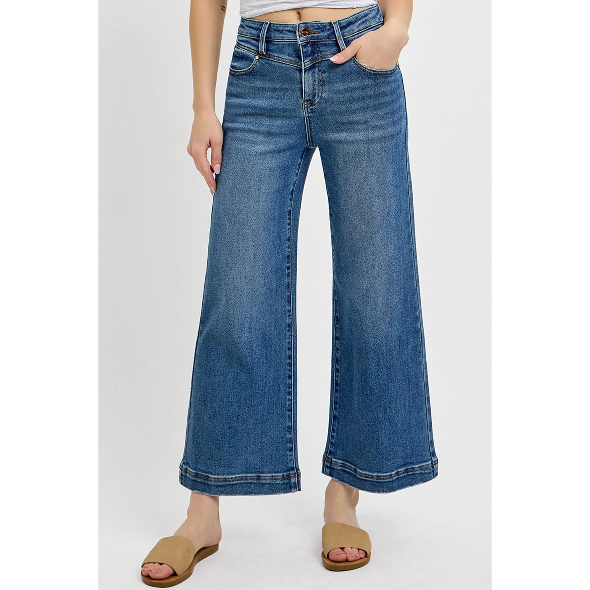 Risen Women's High Rise Flare Yoke Crop Jeans
