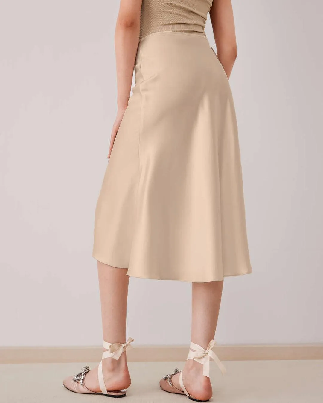 Satin Solid Ruffle Long Skirt In Peach