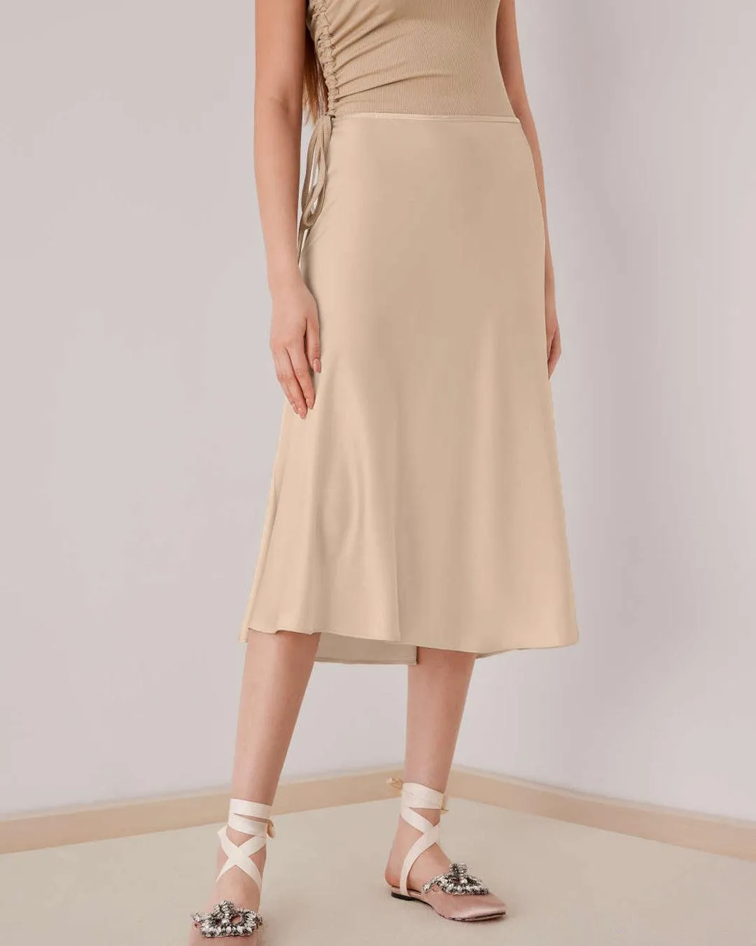 Satin Solid Ruffle Long Skirt In Peach