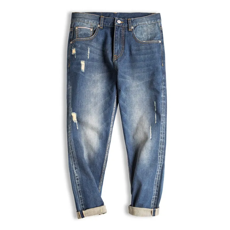 Tooling Retro Washed Ripped Slim-Fit Nine-Point Men's Jeans