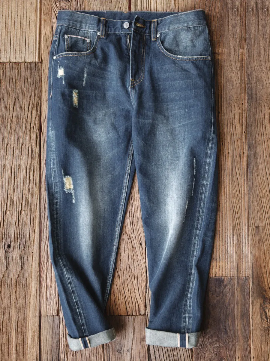 Tooling Retro Washed Ripped Slim-Fit Nine-Point Men's Jeans