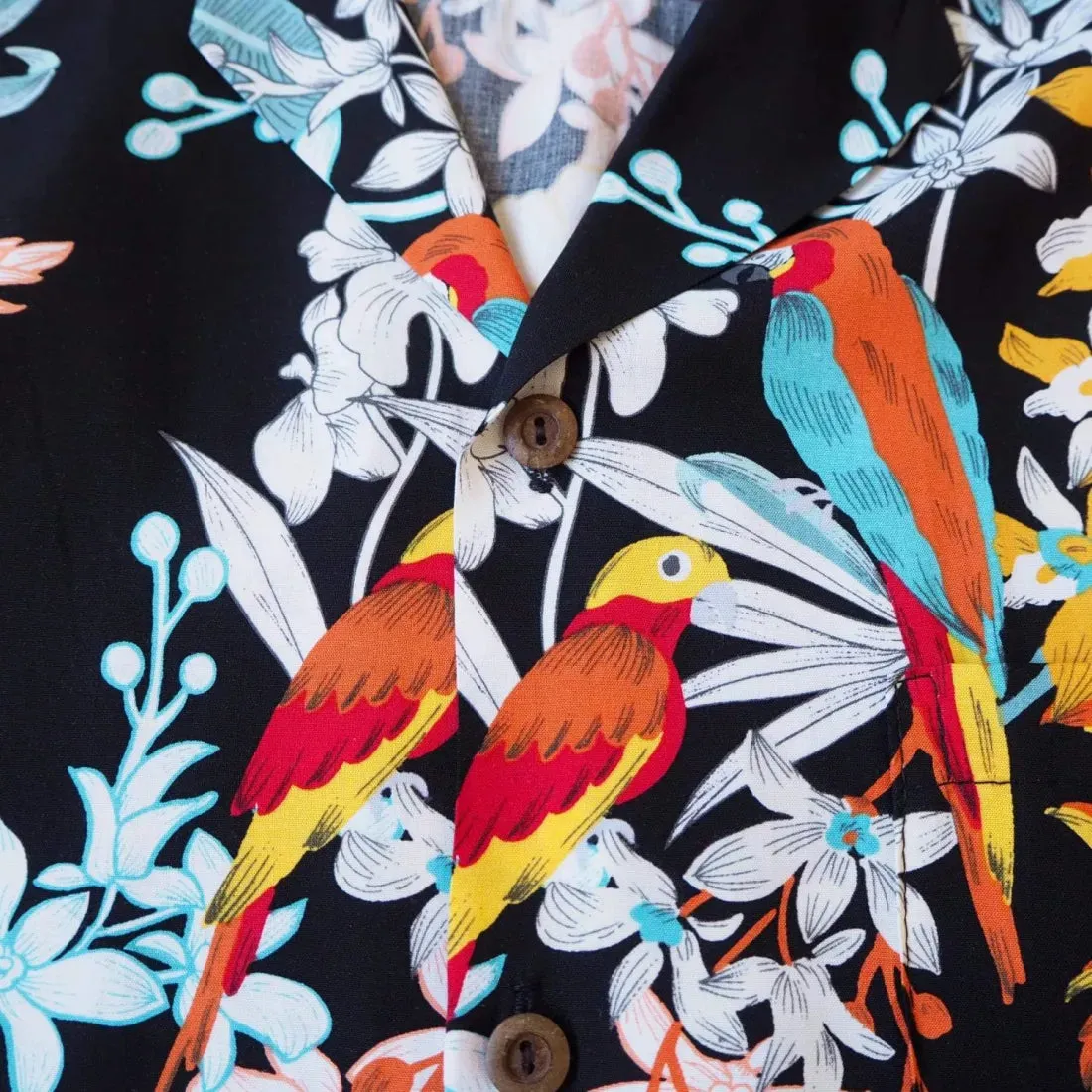 Wild Parrots Black Hawaiian Rayon Shirt