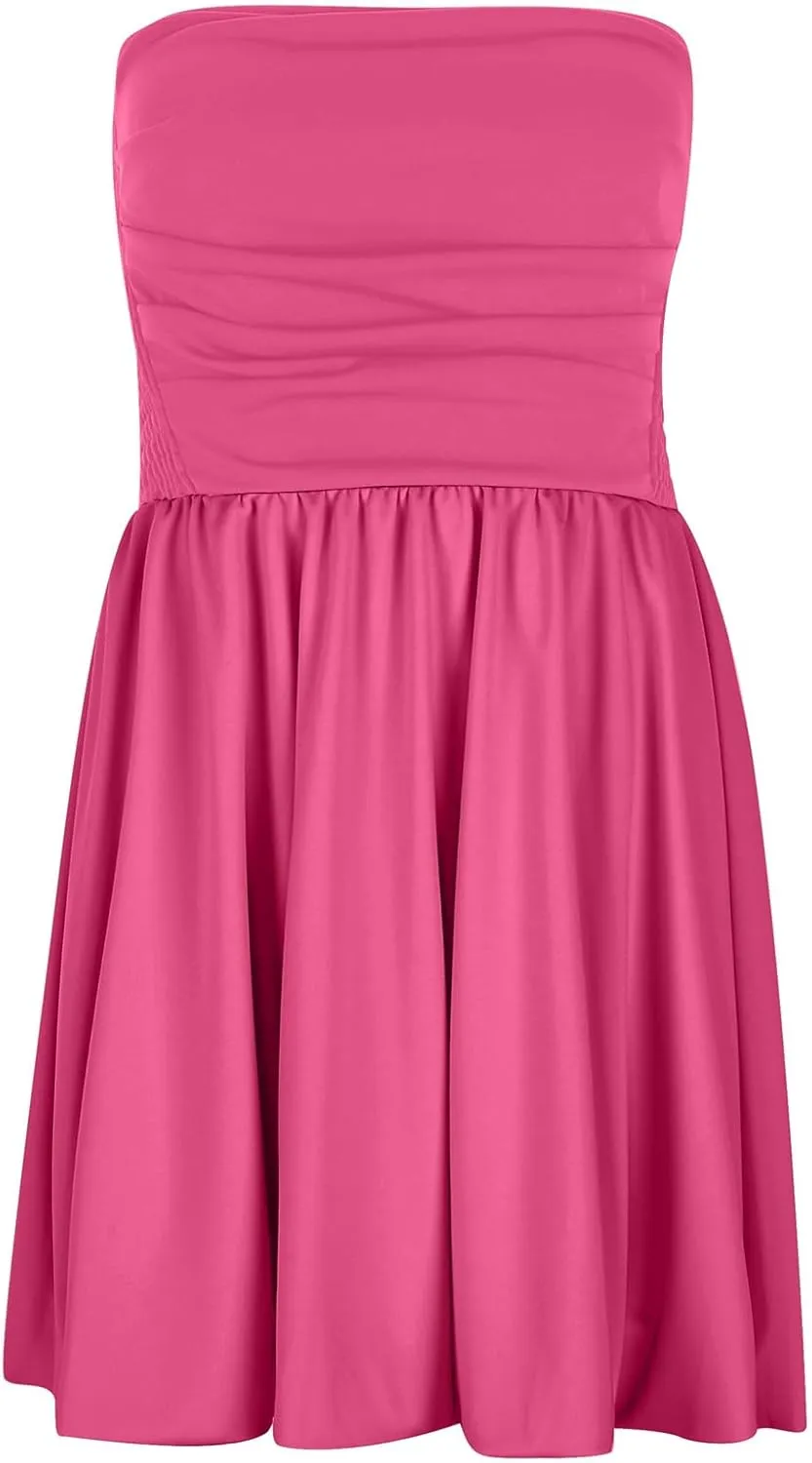 Women Sexy Strapless Ruched Tube Mini Dress Y2K Sleeveless Off Shoulder Flowy Ruffle Backless Bodycon Short Dress