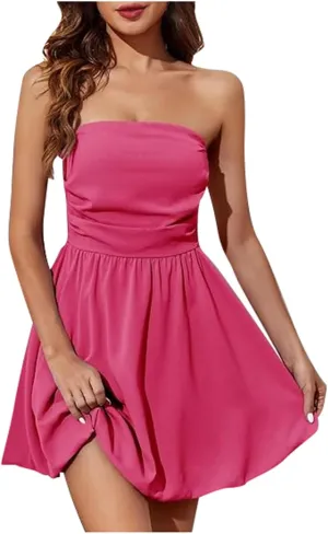 Women Sexy Strapless Ruched Tube Mini Dress Y2K Sleeveless Off Shoulder Flowy Ruffle Backless Bodycon Short Dress