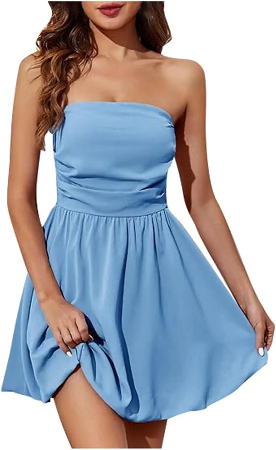 Women Sexy Strapless Ruched Tube Mini Dress Y2K Sleeveless Off Shoulder Flowy Ruffle Backless Bodycon Short Dress