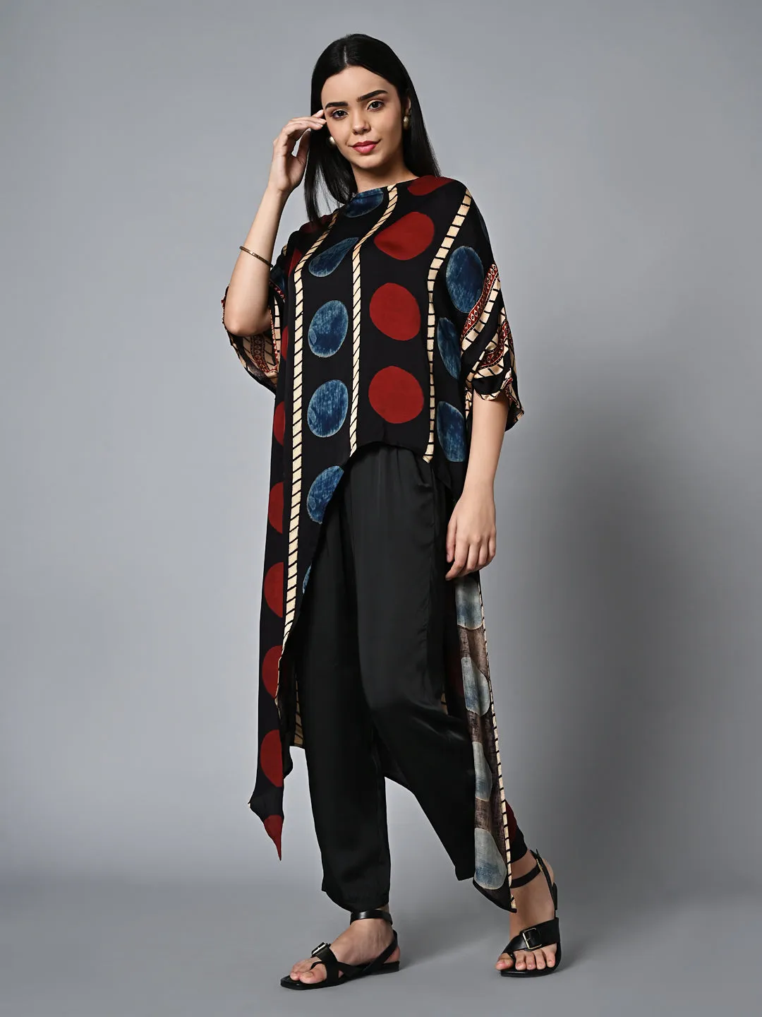 Women's Ajrak Hand Block Printed Loose Fit Modal Black Blouse