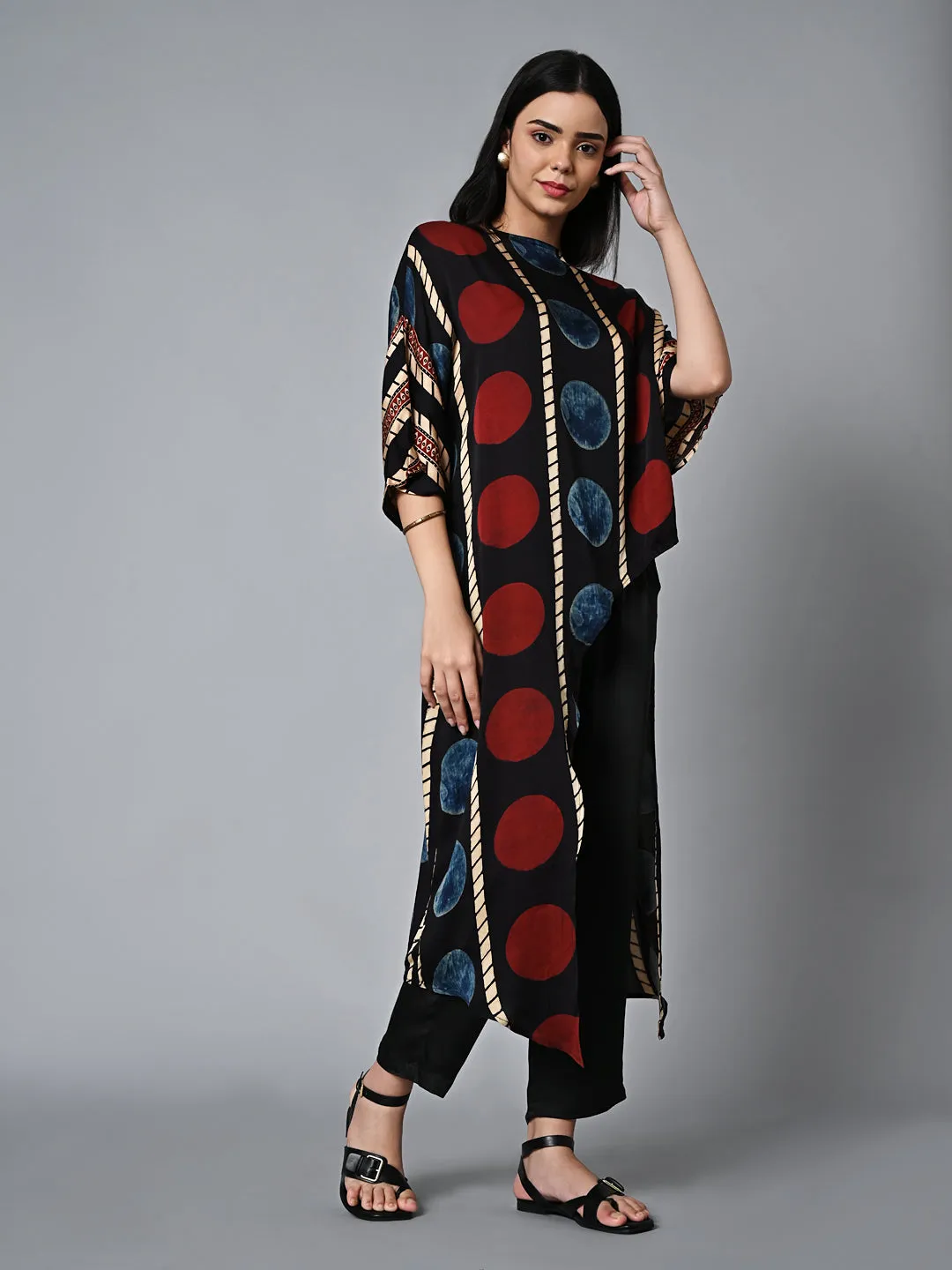 Women's Ajrak Hand Block Printed Loose Fit Modal Black Blouse