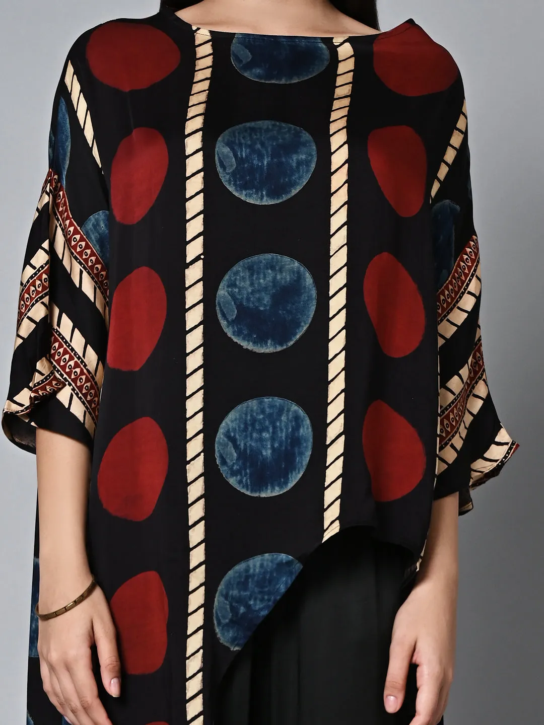 Women's Ajrak Hand Block Printed Loose Fit Modal Black Blouse