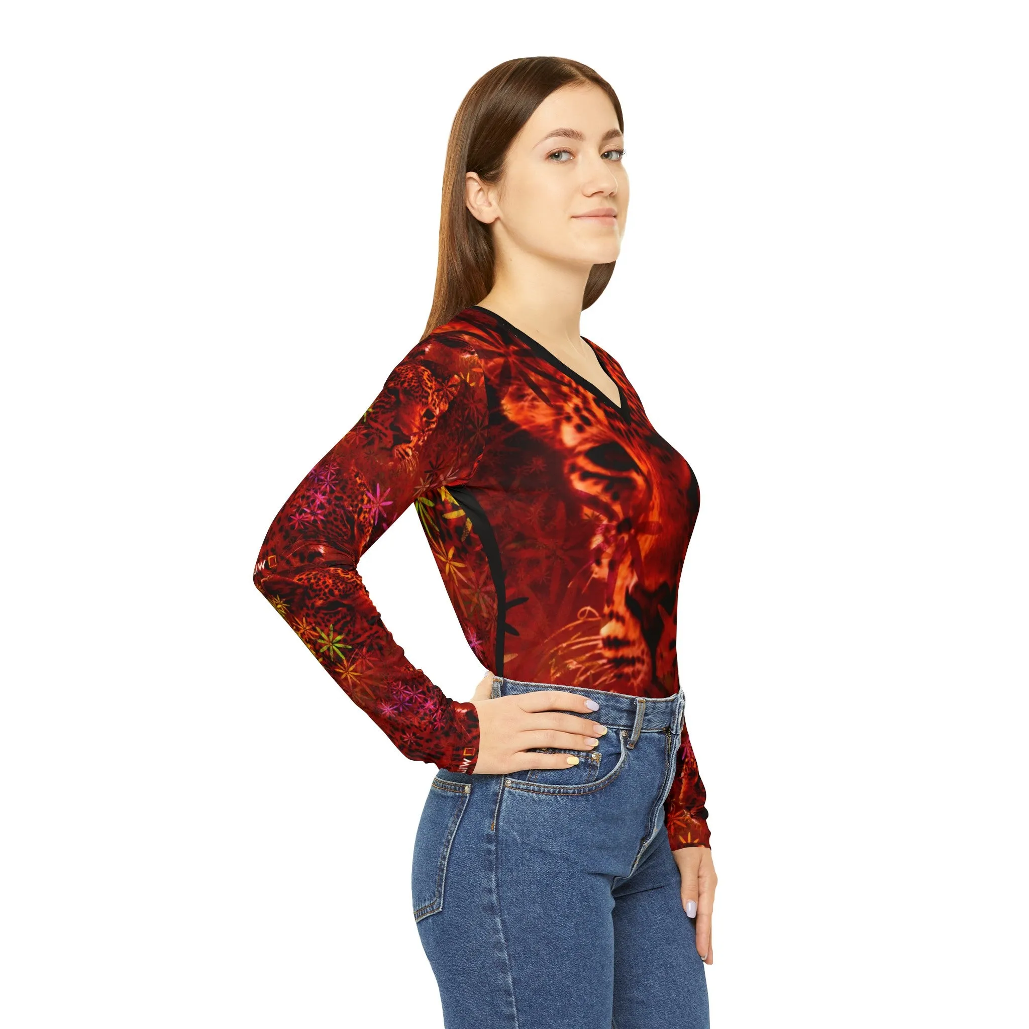 Women's Long Sleeve V-neck Shirt, Cats in Red
