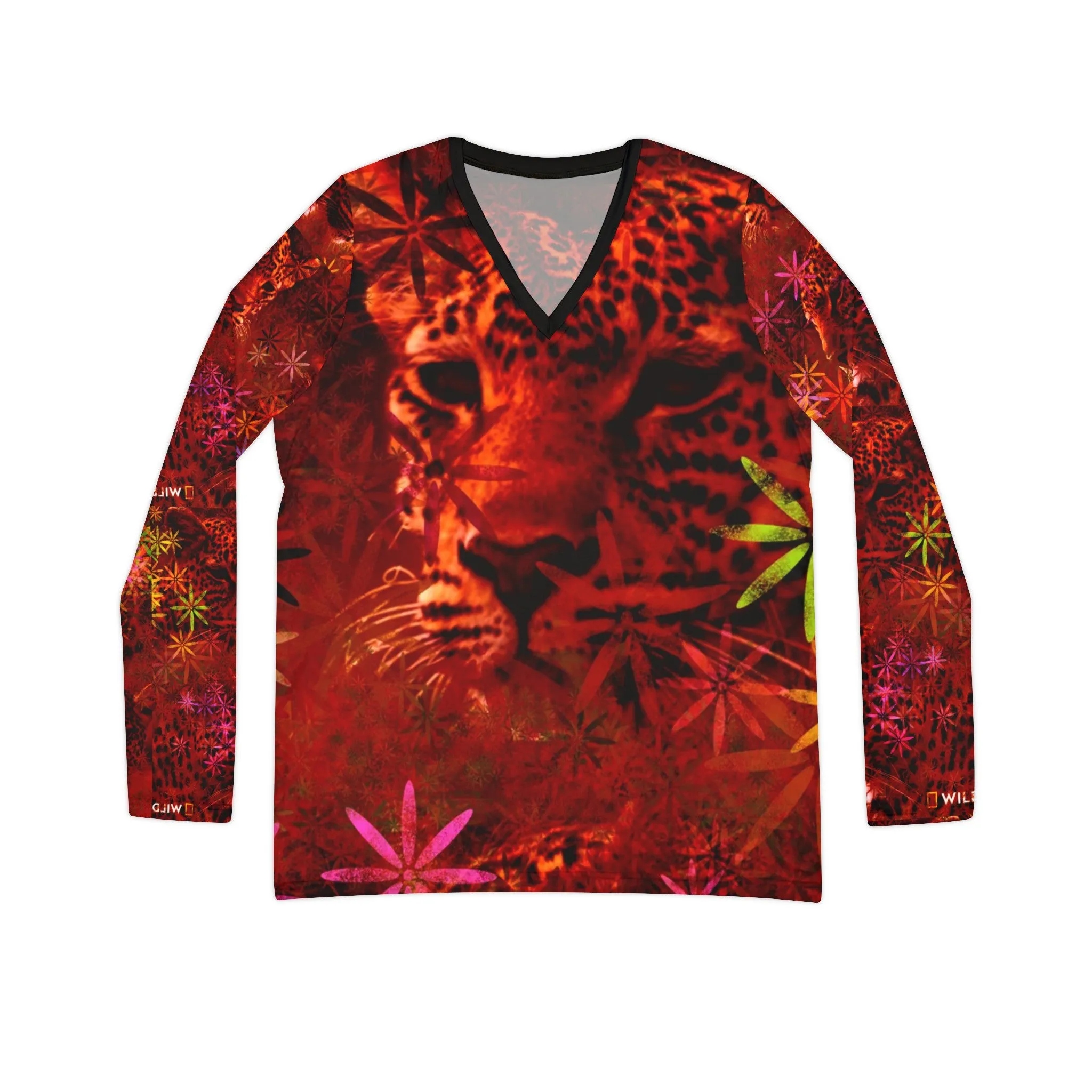 Women's Long Sleeve V-neck Shirt, Cats in Red