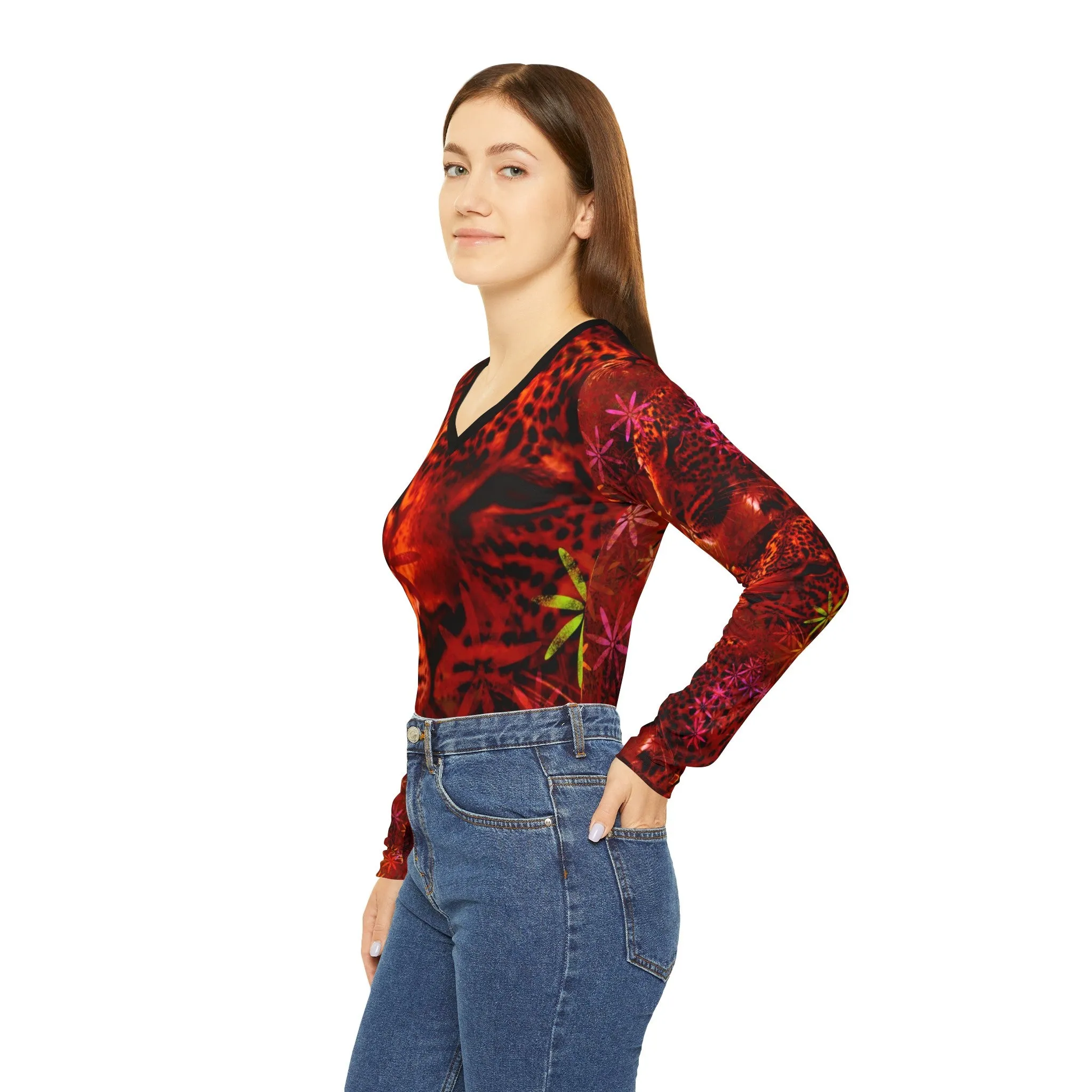 Women's Long Sleeve V-neck Shirt, Cats in Red