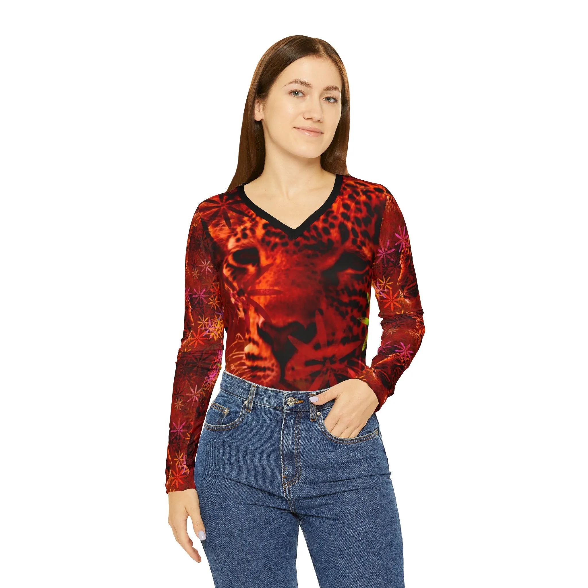 Women's Long Sleeve V-neck Shirt, Cats in Red