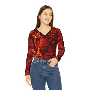 Women's Long Sleeve V-neck Shirt, Cats in Red