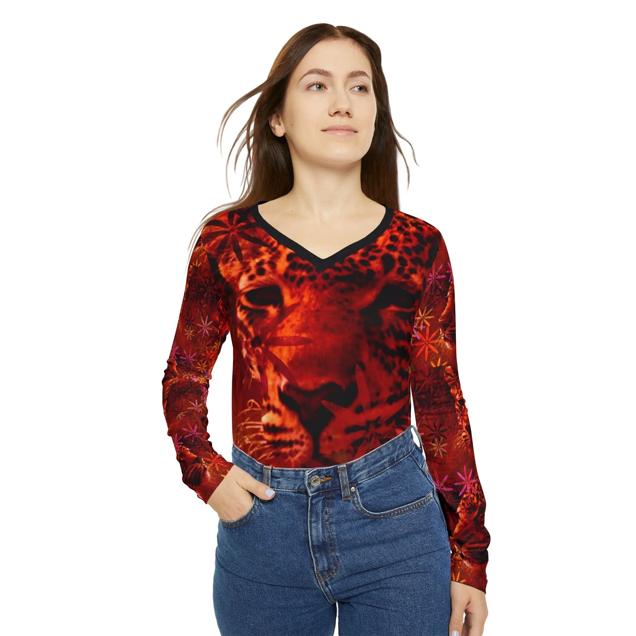 Women's Long Sleeve V-neck Shirt, Cats in Red