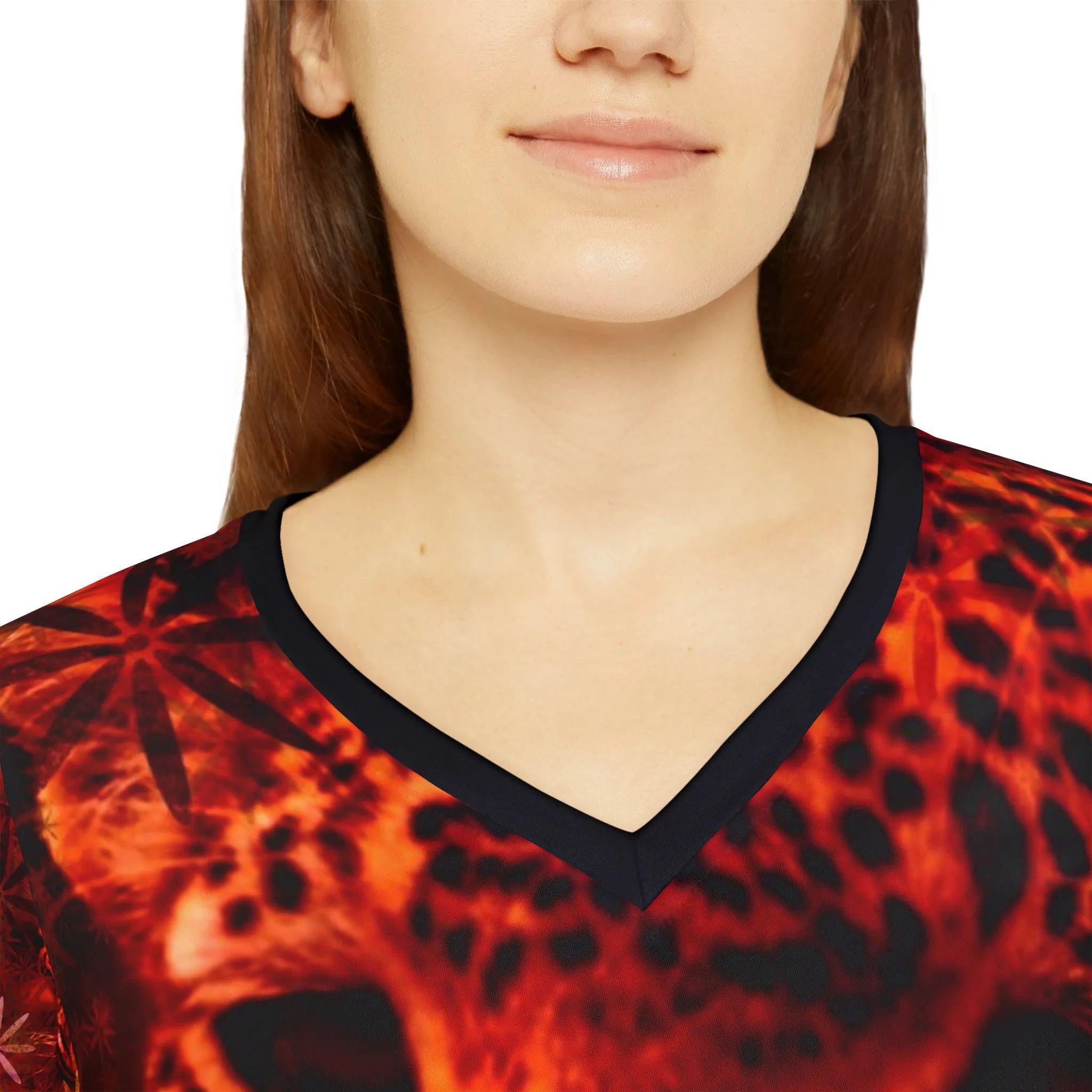 Women's Long Sleeve V-neck Shirt, Cats in Red