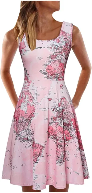 Women's Summer A-Line Dress Fashion Map Print Square Collar Sleeveless Sundresses Lightweight Flowy Hem Beach Dress