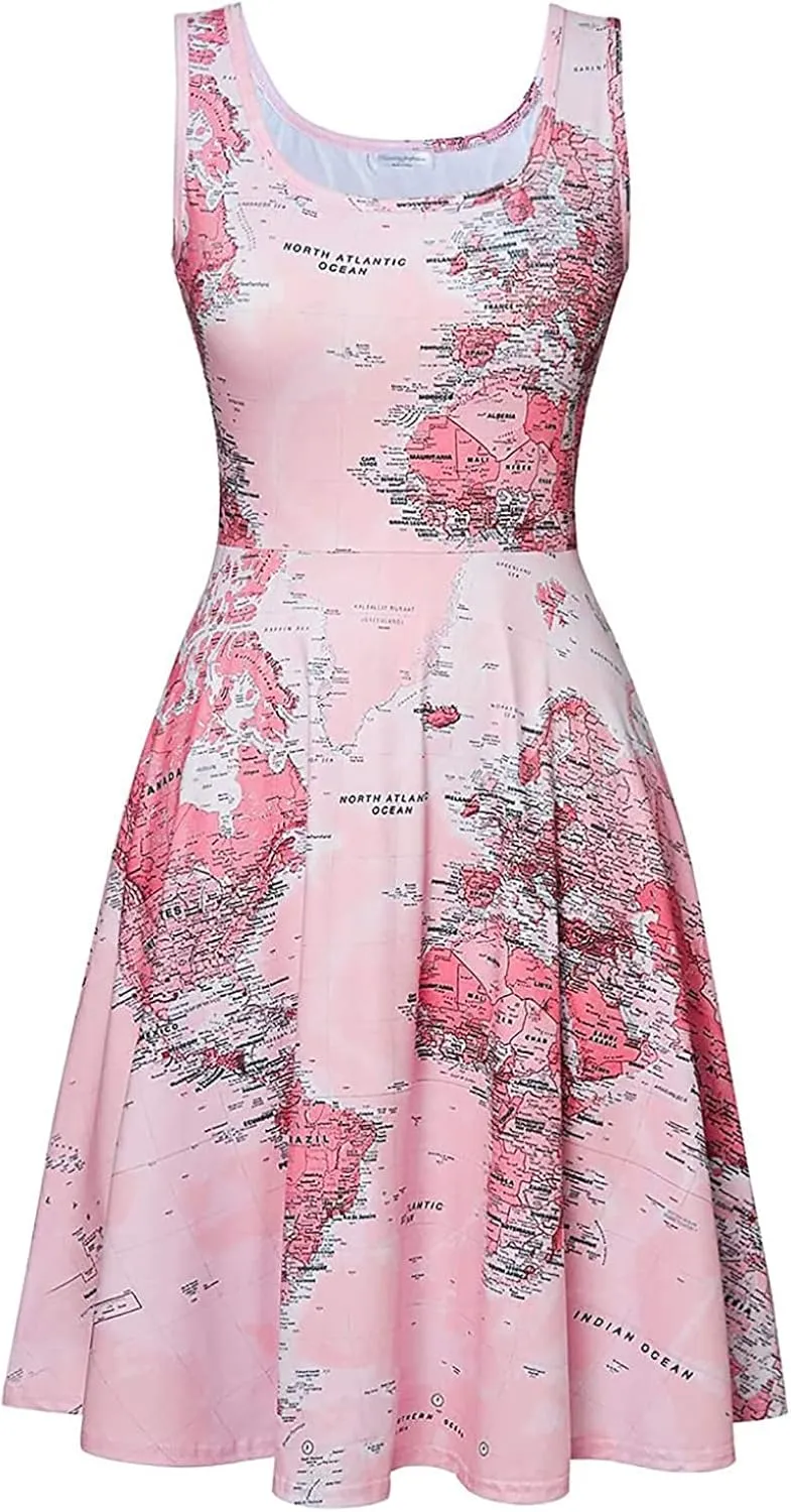 Women's Summer A-Line Dress Fashion Map Print Square Collar Sleeveless Sundresses Lightweight Flowy Hem Beach Dress