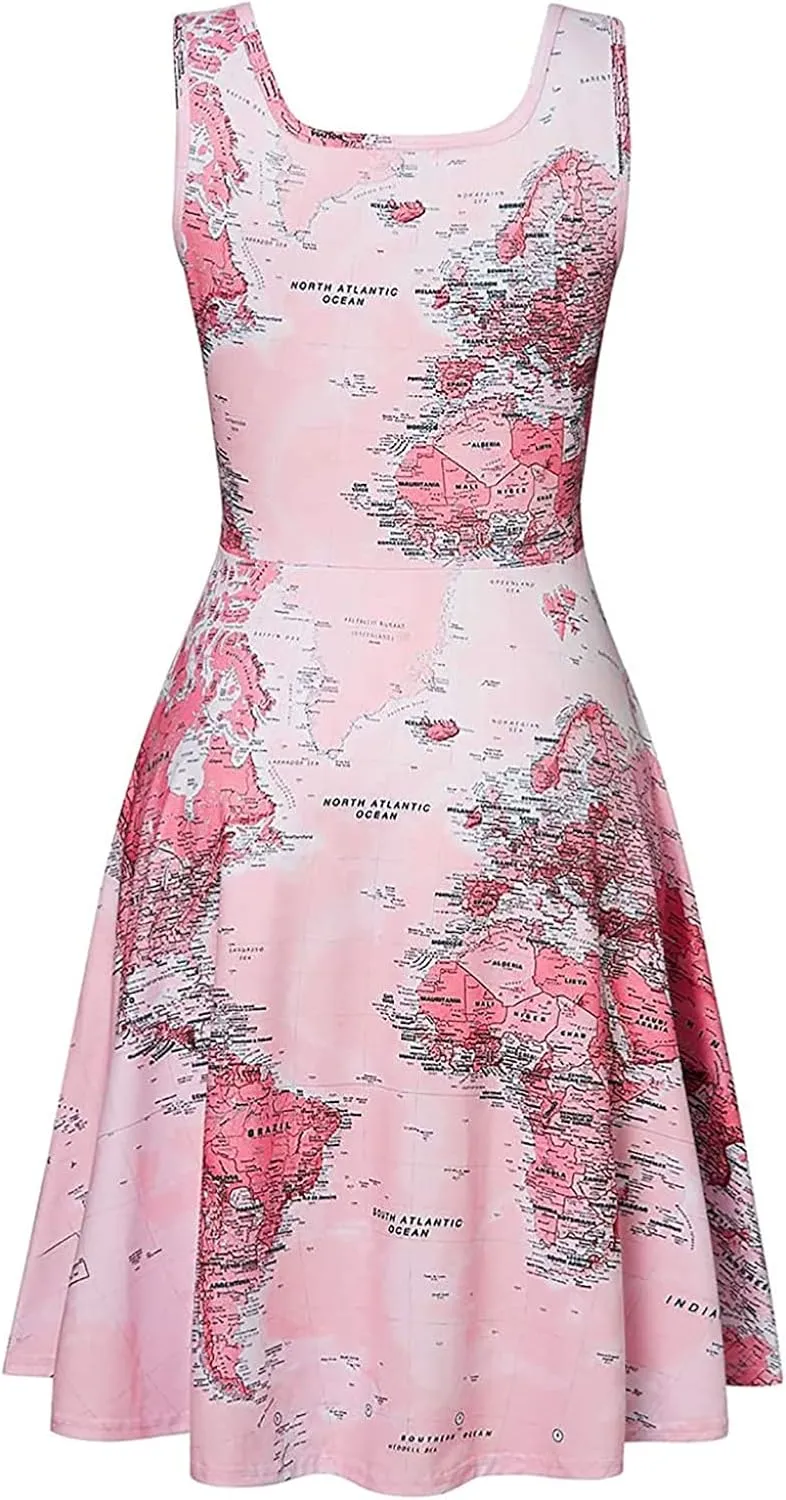 Women's Summer A-Line Dress Fashion Map Print Square Collar Sleeveless Sundresses Lightweight Flowy Hem Beach Dress